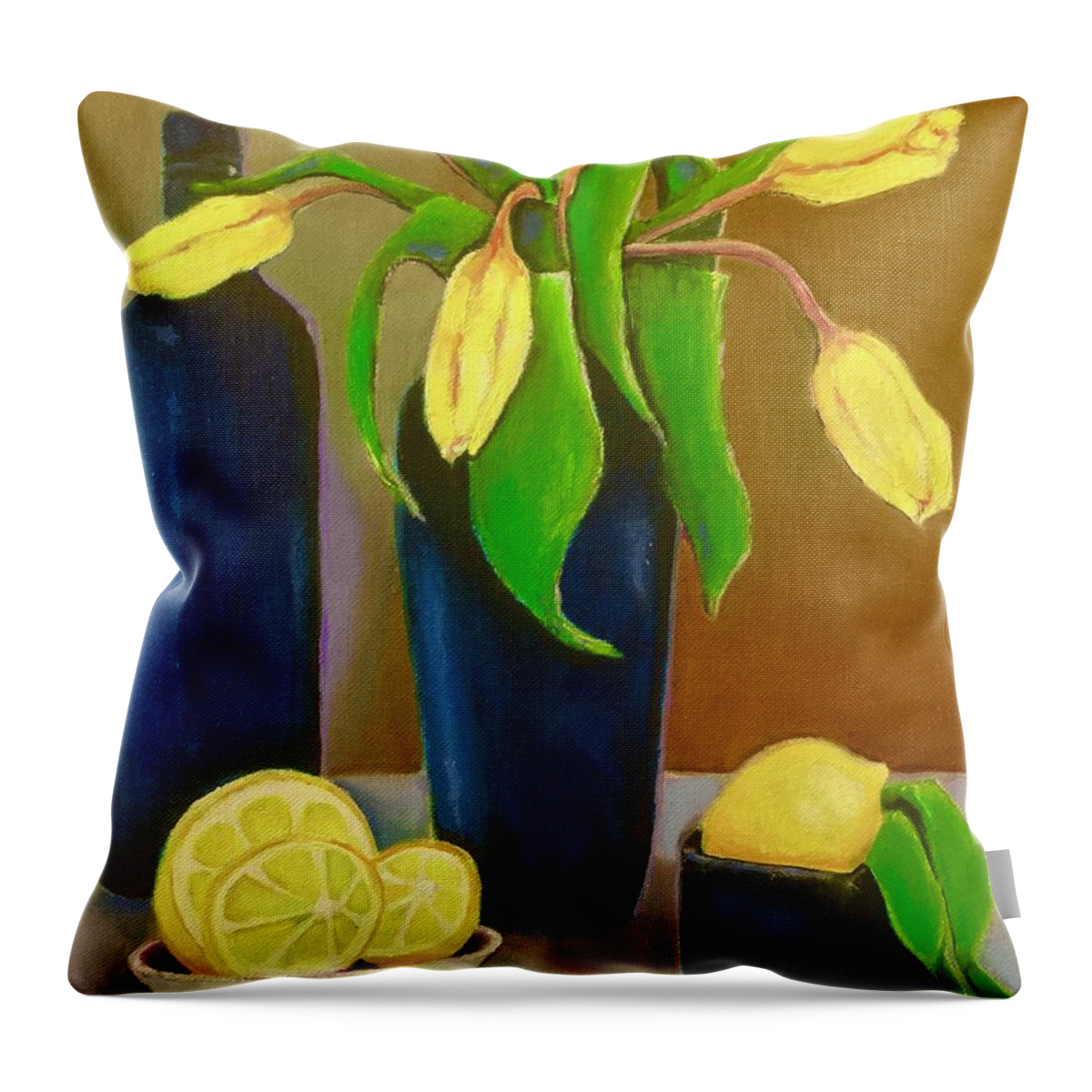 Flowers Throw Pillow featuring the painting Tulips and lemon by Lana Sylber