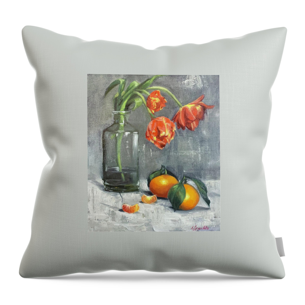 Stilllife Throw Pillow featuring the painting Tulips with Mandarins by Lori Ippolito