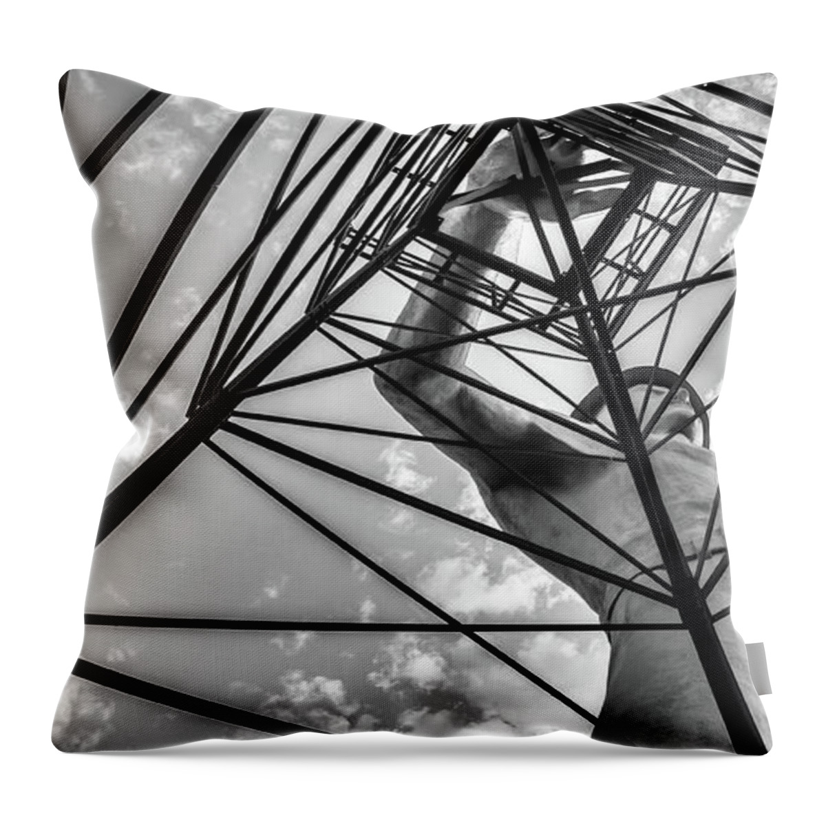 Tulsa Driller Throw Pillow featuring the photograph Tulsa Driller On Oil Derrick in Black and White Panorama by Gregory Ballos