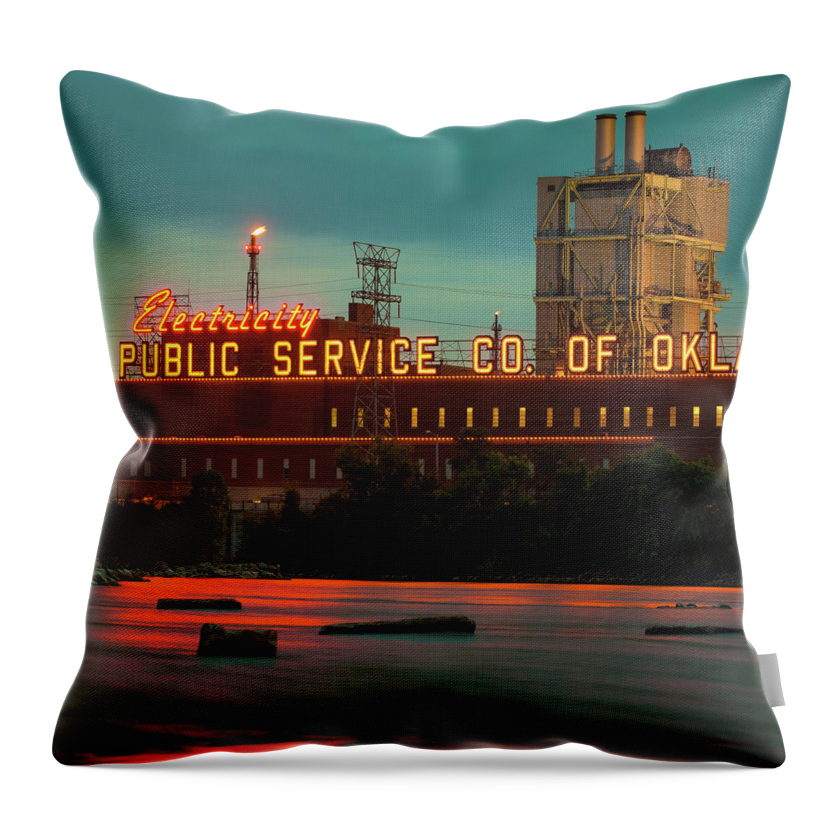 Tulsa Oklahoma Throw Pillow featuring the photograph Tulsa Electric Neon Lights on The Arkansas River 1x1 by Gregory Ballos