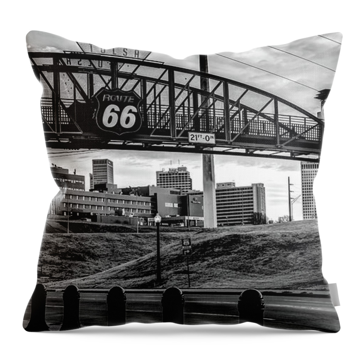 Route 66 Throw Pillow featuring the photograph Tulsa Route 66 Avery Plaza Bridge Monochrome Panorama by Gregory Ballos