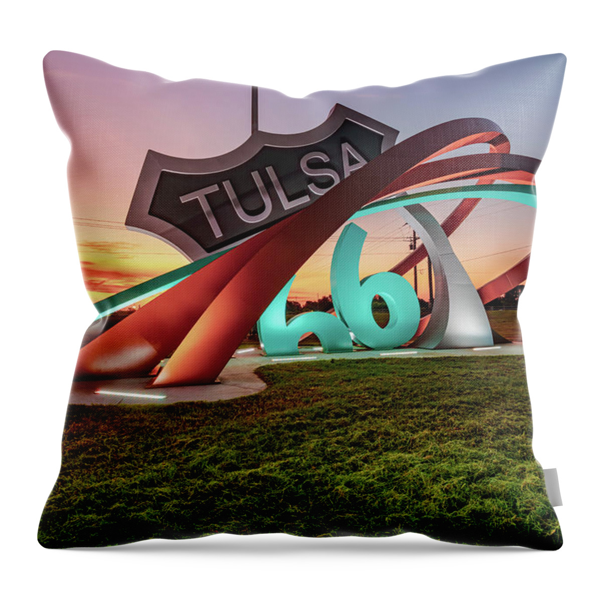 Tulsa Oklahoma Throw Pillow featuring the photograph Tulsa Rt 66 Rising Out of Mingo Rd Circle - Oklahoma Sunrise by Gregory Ballos