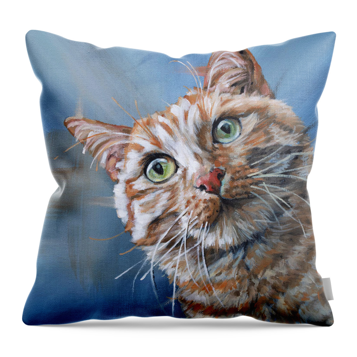 Cat Throw Pillow featuring the painting Tuna Time - Orange Cat Painting on Blue by Annie Troe