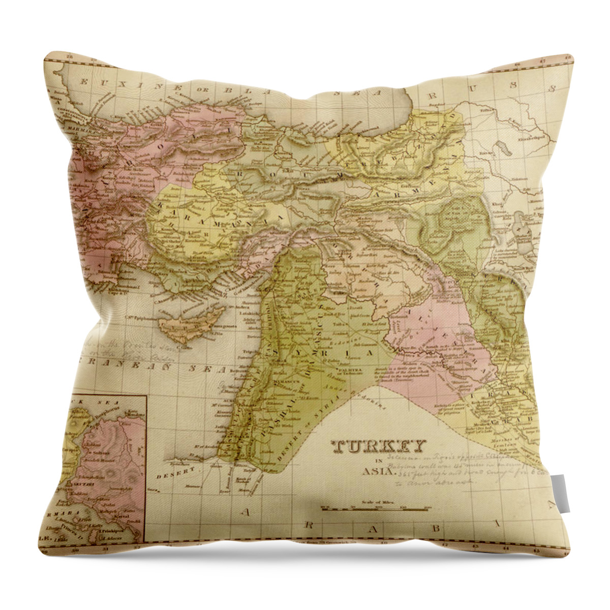 Turkey Throw Pillow featuring the drawing Turkey 1844 by Vintage Maps