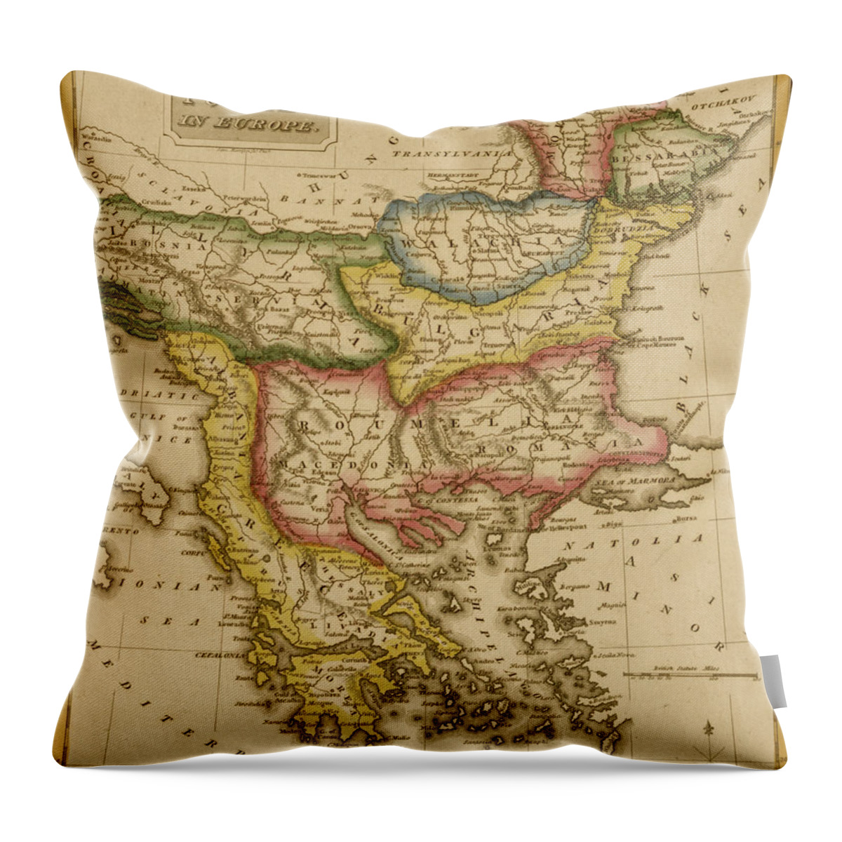 Turkey Throw Pillow featuring the drawing Turkey Greece 1817 by Vintage Maps
