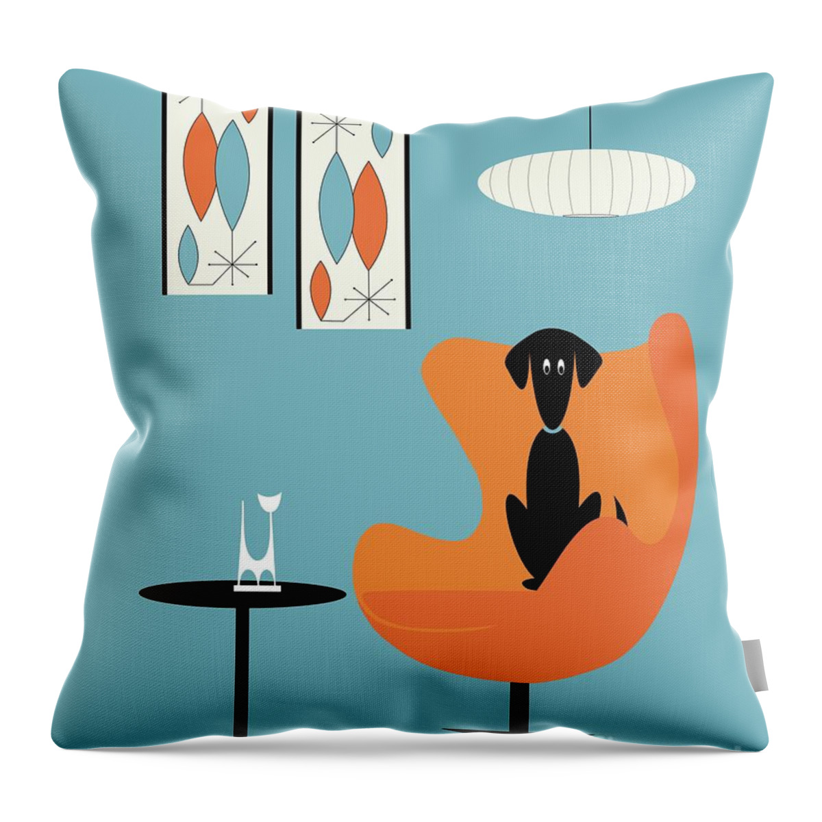 Mid Century Dog Throw Pillow featuring the digital art Turquoise Room with Black Dog by Donna Mibus