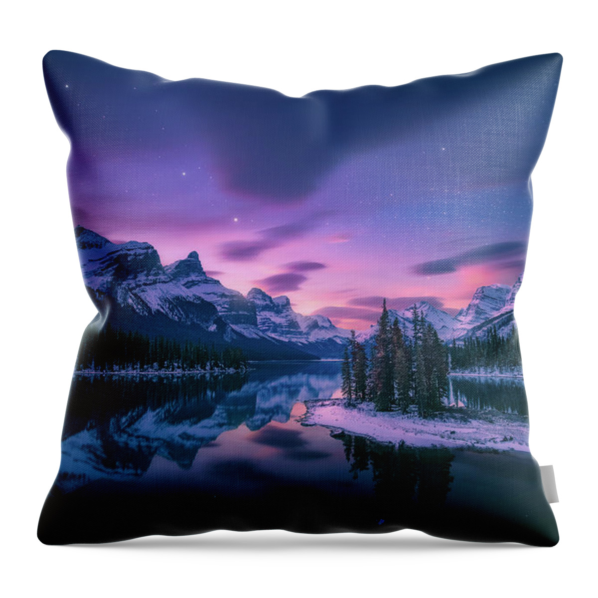 Maligne Throw Pillow featuring the photograph Twilight at Spirit Island by Henry w Liu