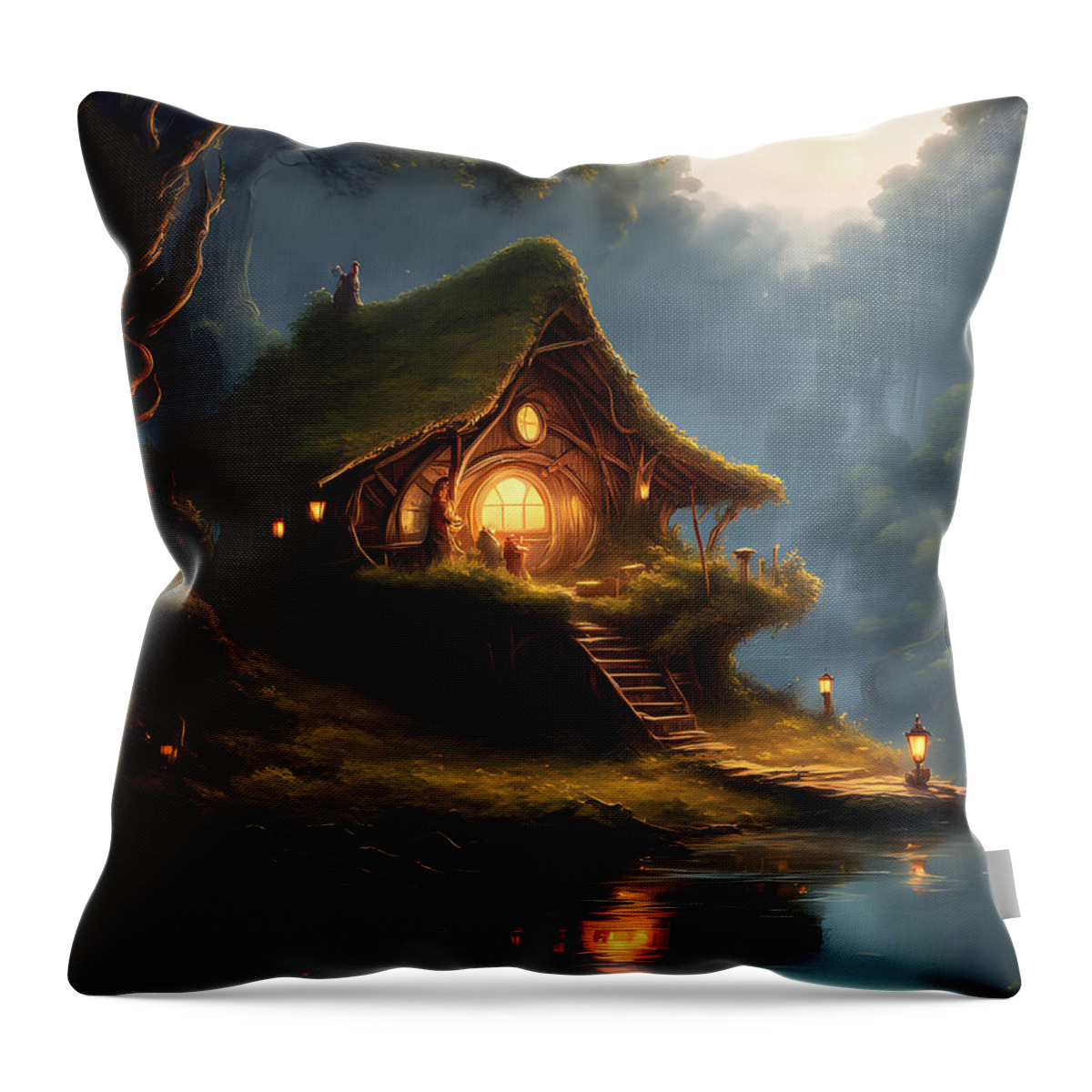 Alien Weird Hobbit House Waterfall Lake River Mountains Otherworldly Sunset Twilight Throw Pillow featuring the digital art Twilight by Tricky Woo