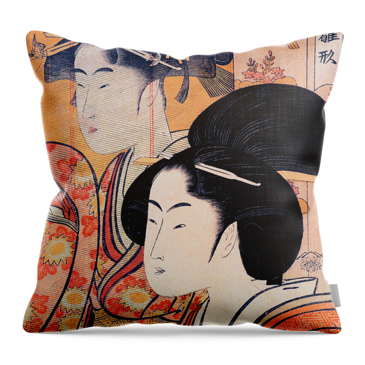 Garden Throw Pillow featuring the painting Two Beauties with Bamboo by Kitagawa Utamaro by Mango Art