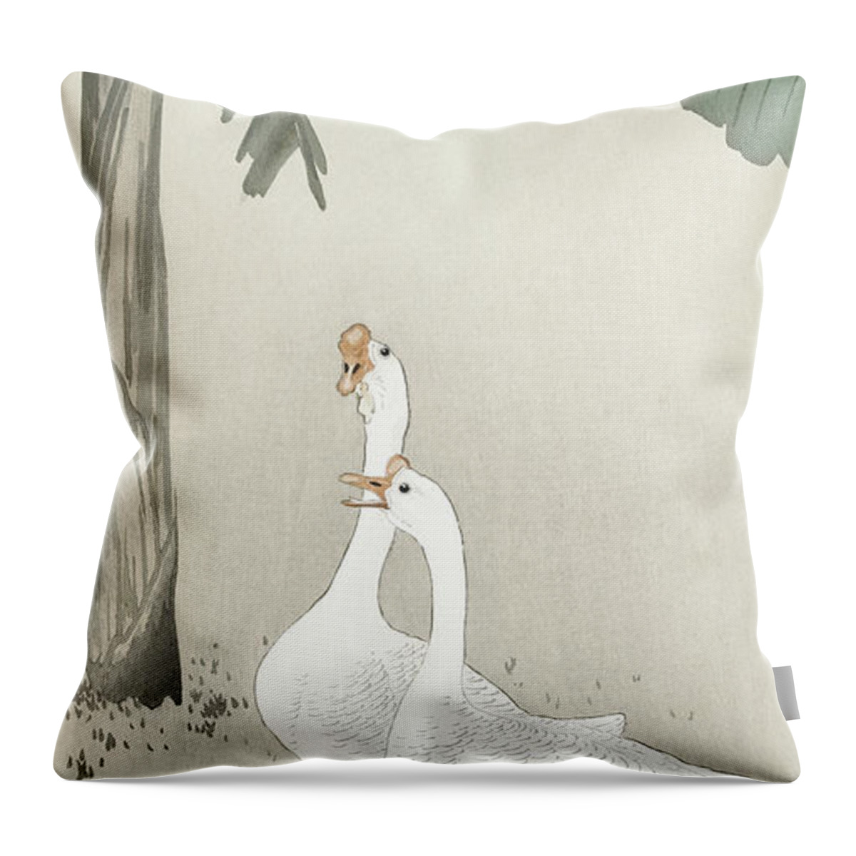 Birds Throw Pillow featuring the painting Two geese at banana tree by Ohara Koson