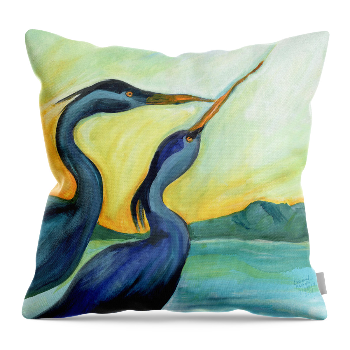 Landscape Throw Pillow featuring the painting Two Herons by Catharine Gallagher