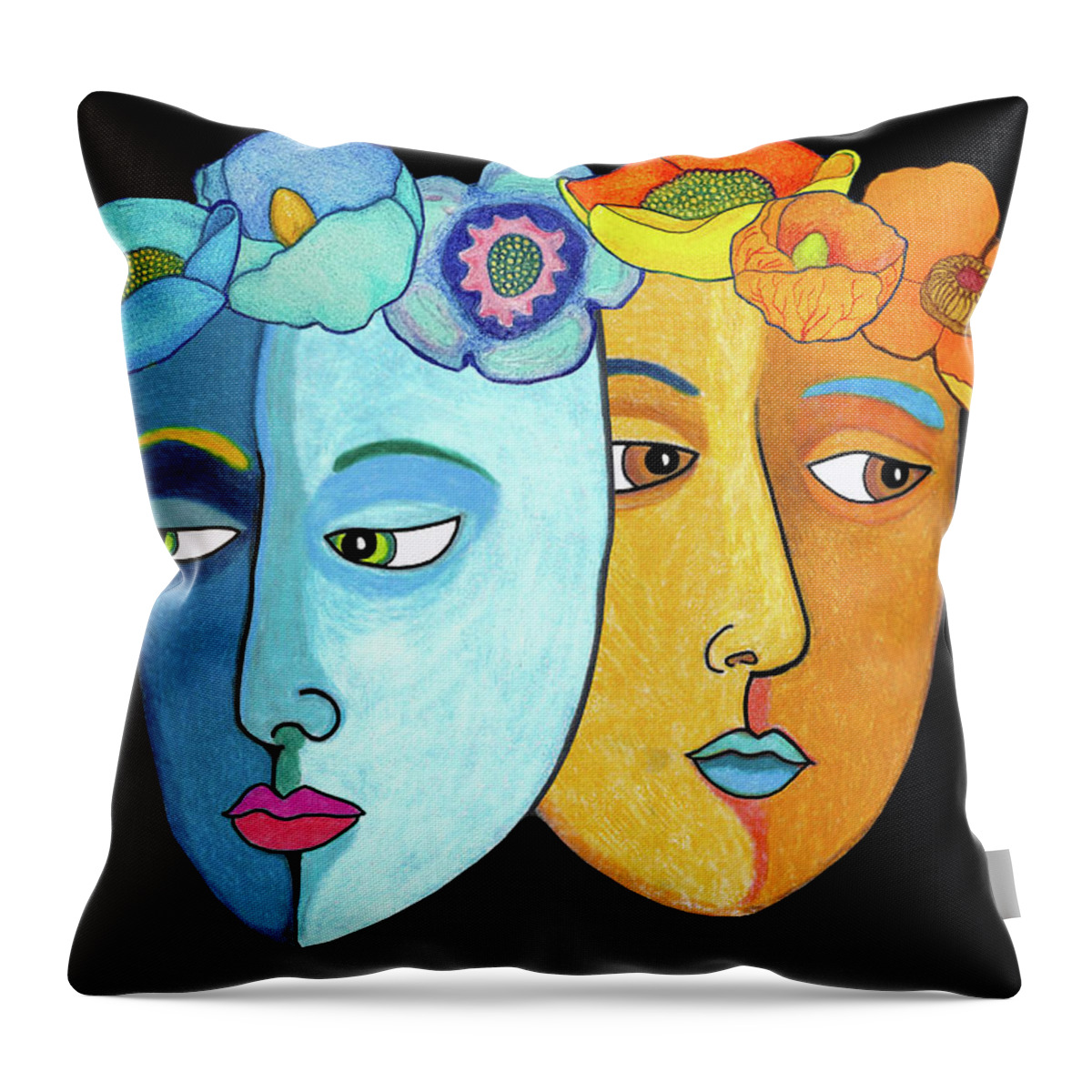 Masks Throw Pillow featuring the drawing Two Masks on Black by Lorena Cassady