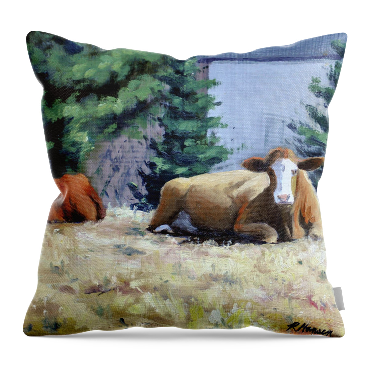 Cow Throw Pillow featuring the painting Two Scandia Cows by Rick Hansen