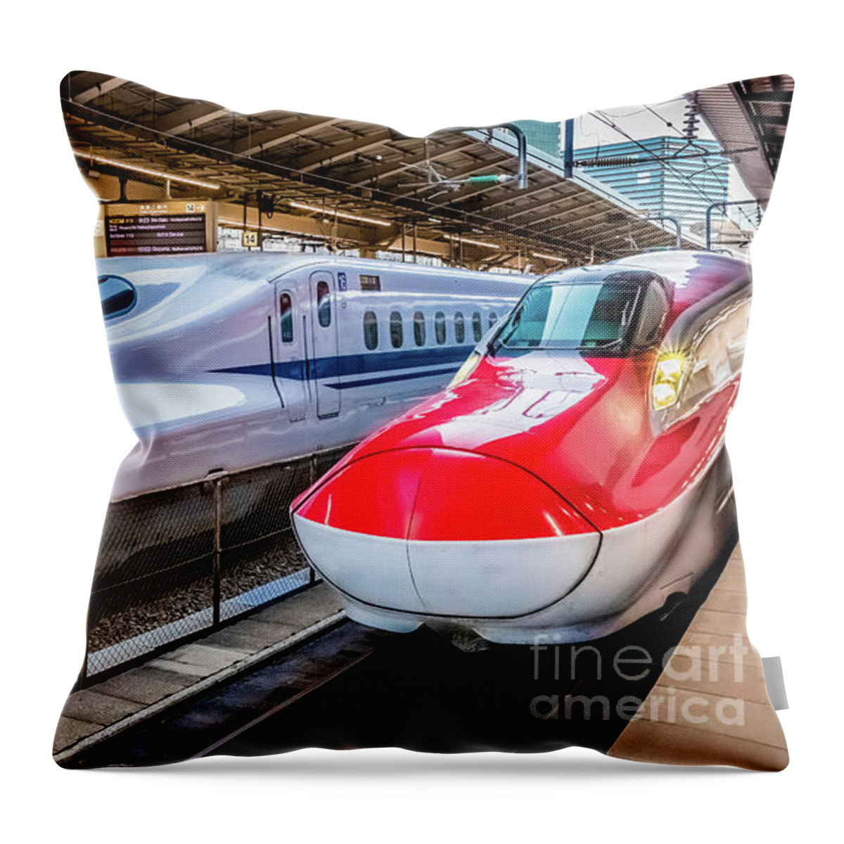 Shinkansen Throw Pillow featuring the photograph Two Shinkansen at the Tokyo Station by Lyl Dil Creations