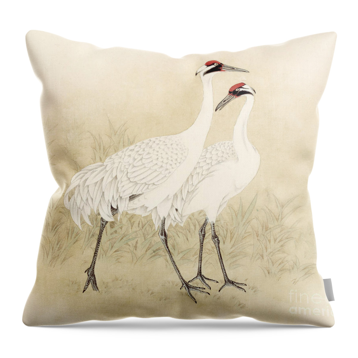 Zhan Gengxi Throw Pillow featuring the painting Two Whooping Cranes by Zhan Gengxi