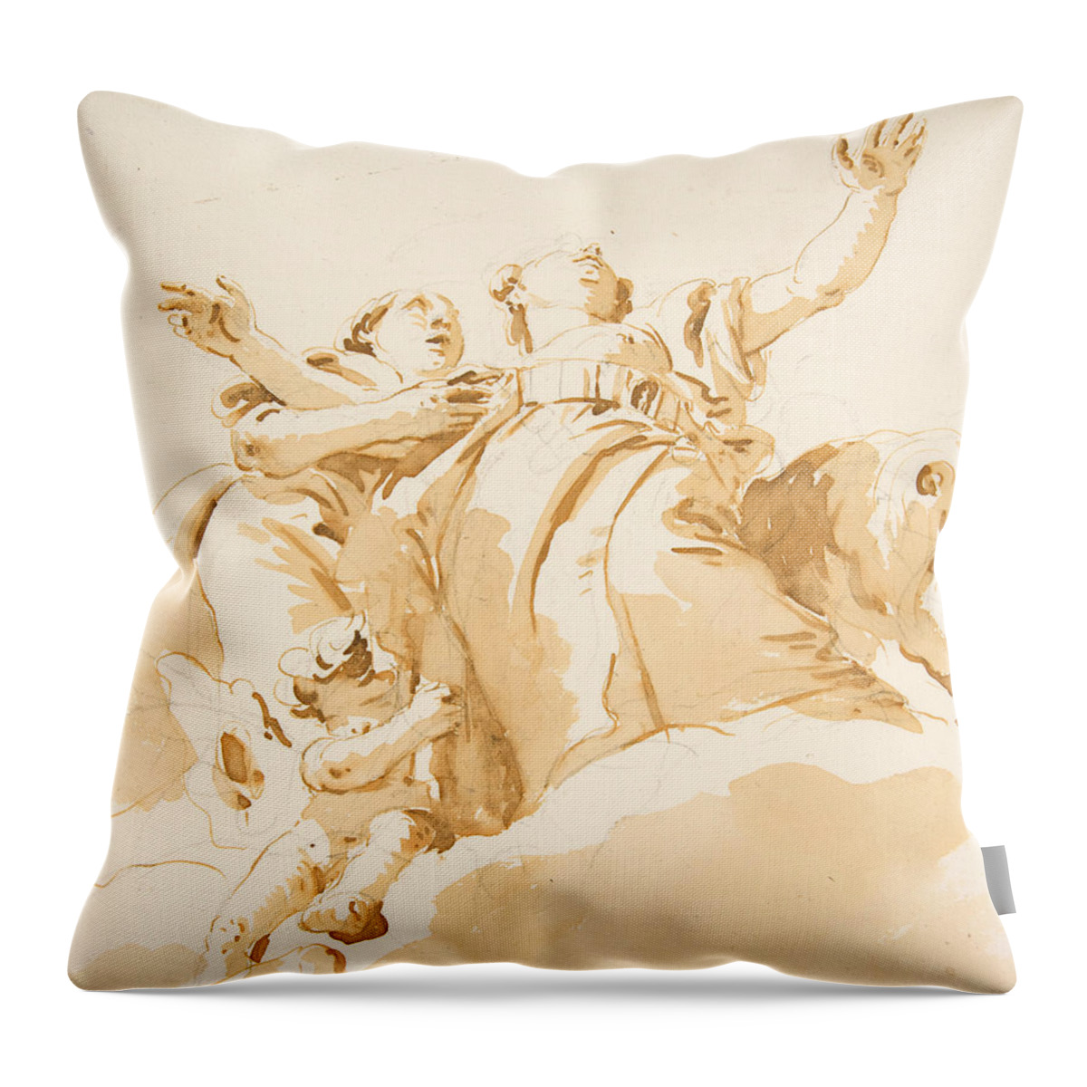 18th Century Art Throw Pillow featuring the drawing Two Women, a Lion, and a Putto on Clouds by Giovanni Battista Tiepolo