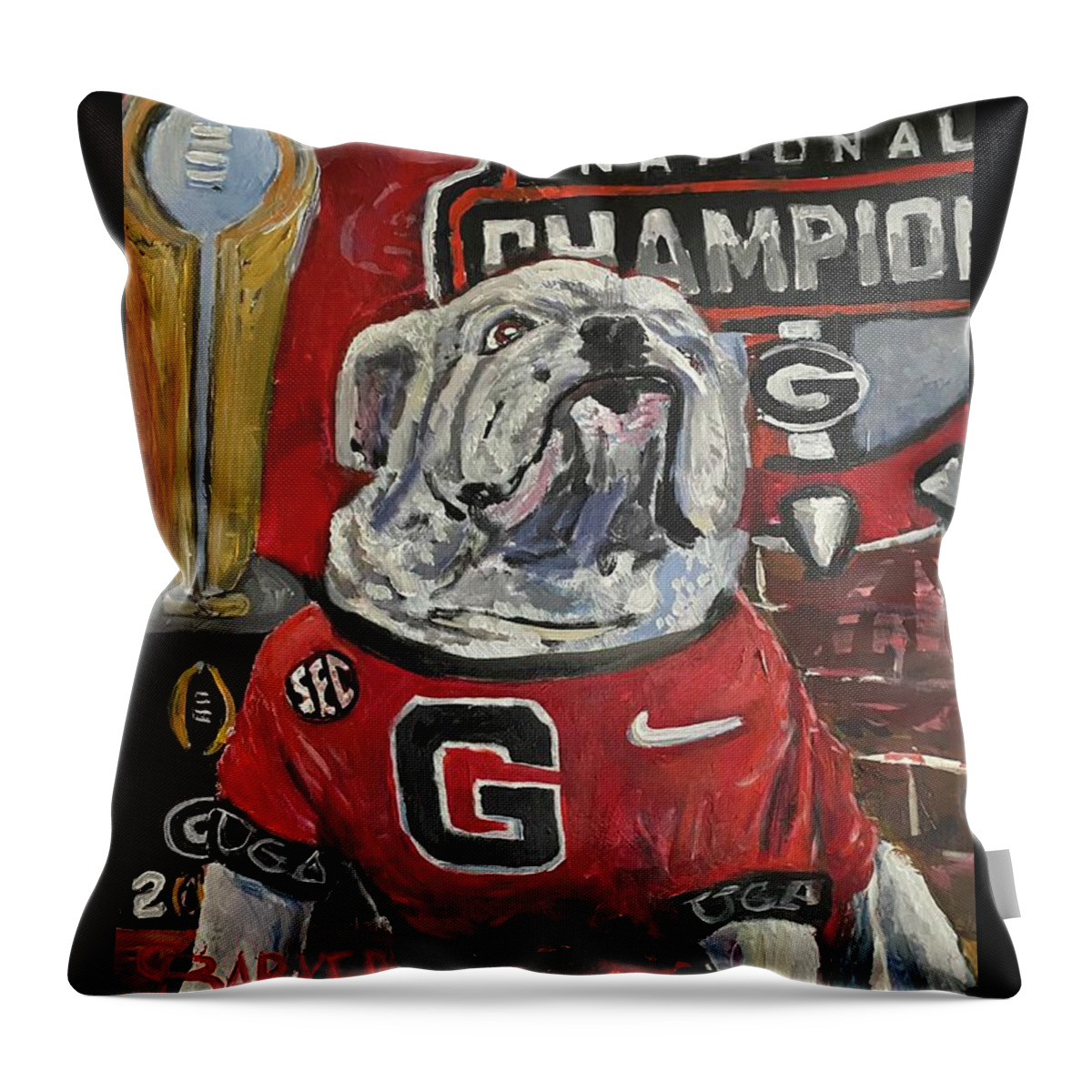 Georgia Bulldogs Throw Pillow featuring the painting Uga with National Championship Trophy by Chad Barker