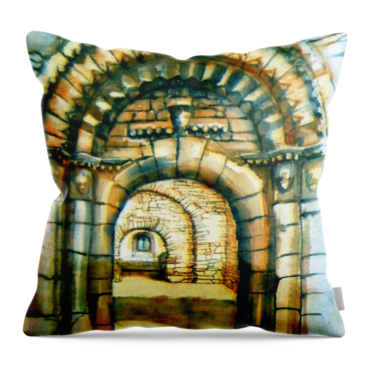 Watercolour Throw Pillow featuring the painting Ullard Romanesque doorway by Trudi Doyle