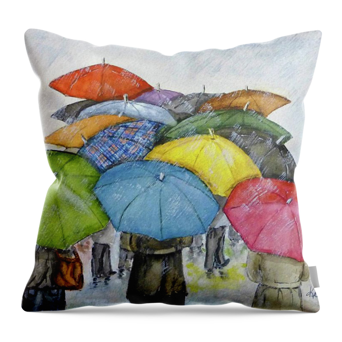 Umbrella Throw Pillow featuring the painting Umbrella Huddle Walk by Kelly Mills