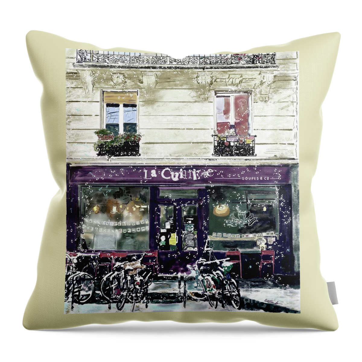 Paris Throw Pillow featuring the painting Une Bonne Day for Soupe by Beth Saffer