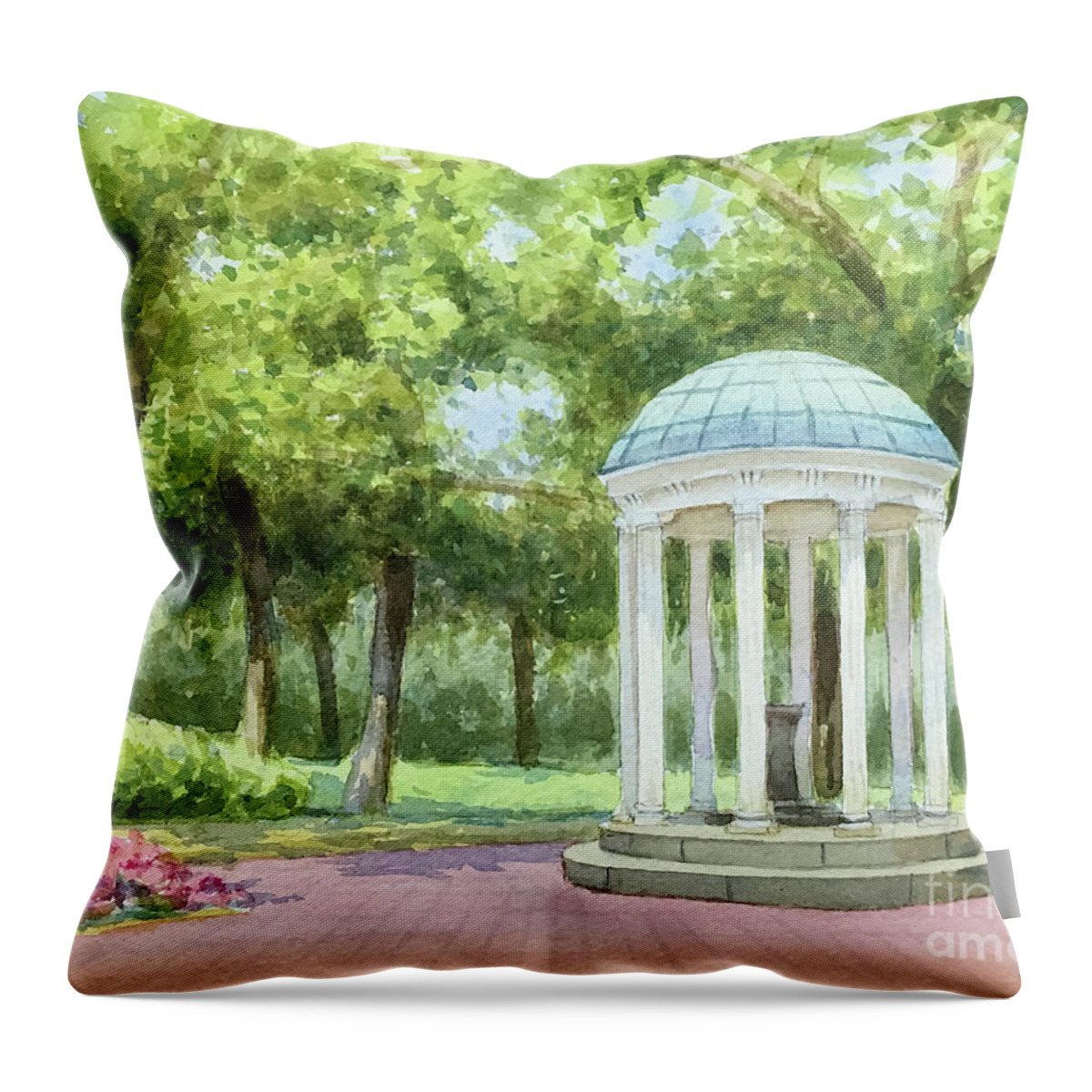 Chapel Hill Throw Pillow featuring the painting UNC Old Well by Tesh Parekh