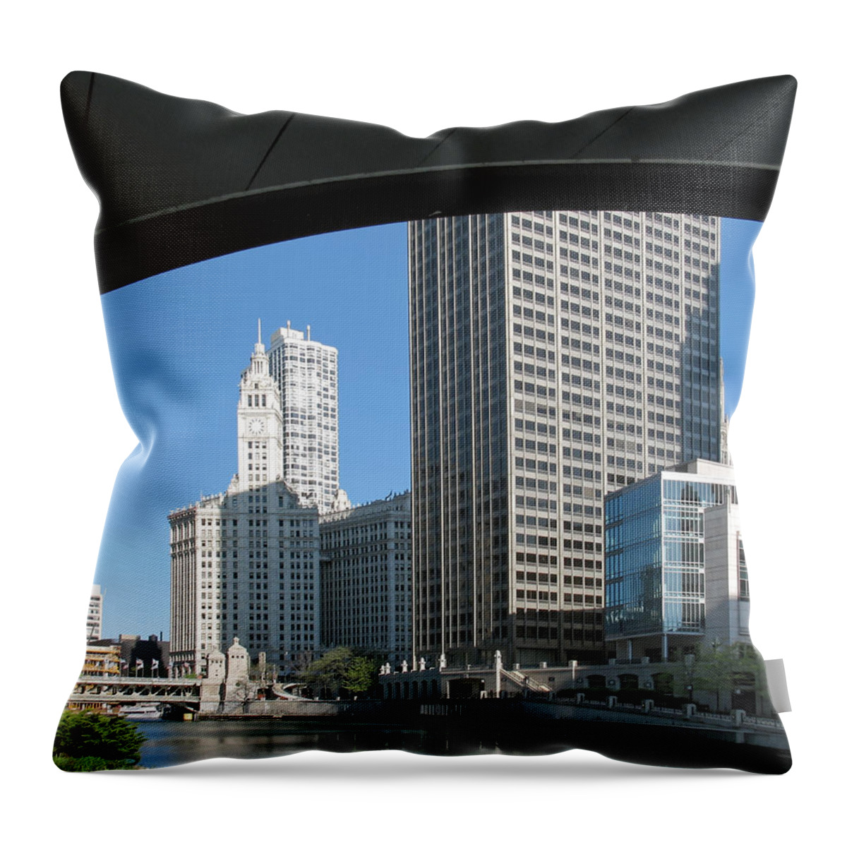Under North Columbus Drive Throw Pillow featuring the photograph Under North Columbus Drive -- Buildings along the Chicago River in Chicago, Illinois by Darin Volpe