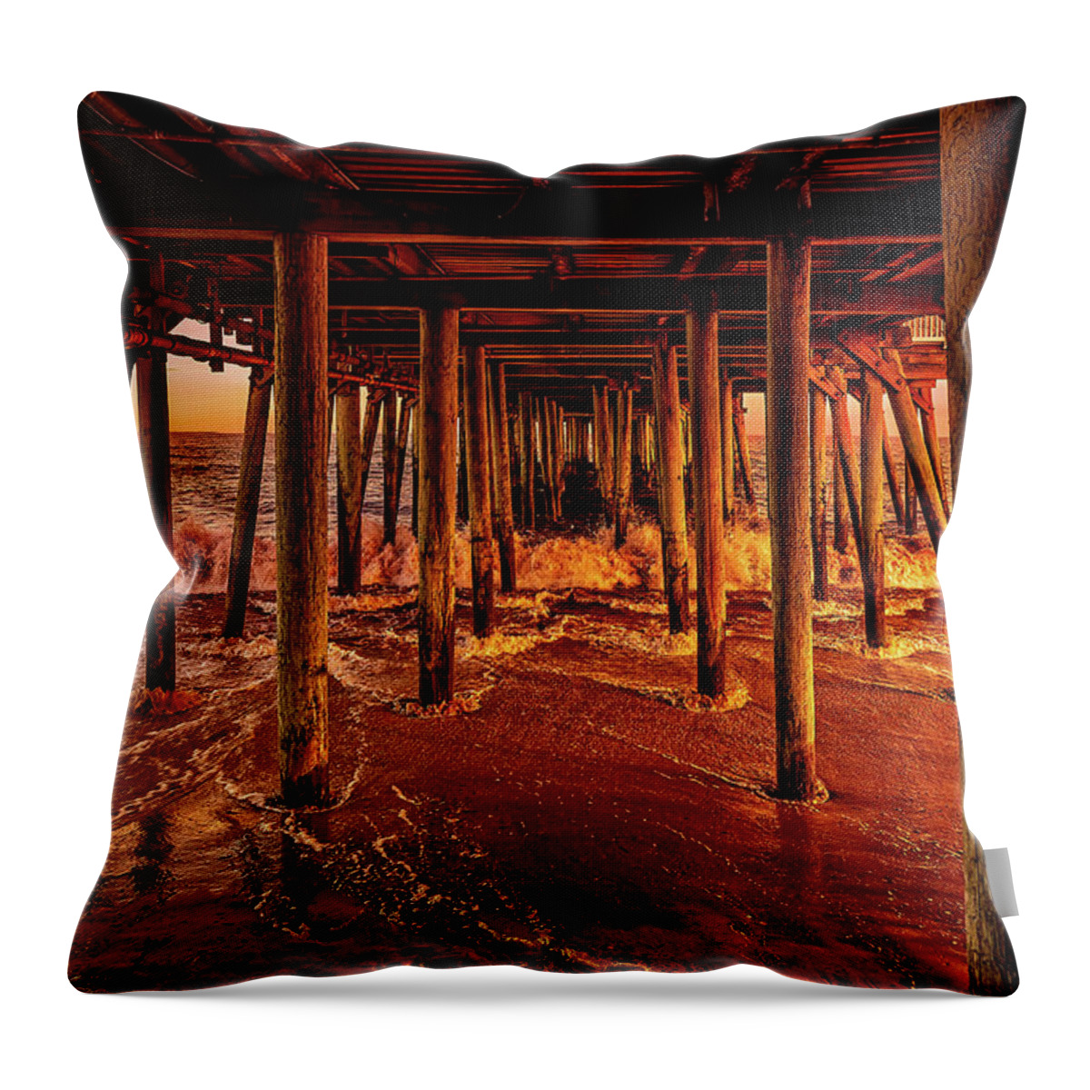 Best Maine Photos Throw Pillow featuring the photograph Under the Boardwalk - The Pier at Old Orchard Beach in Maine by Mitchell R Grosky