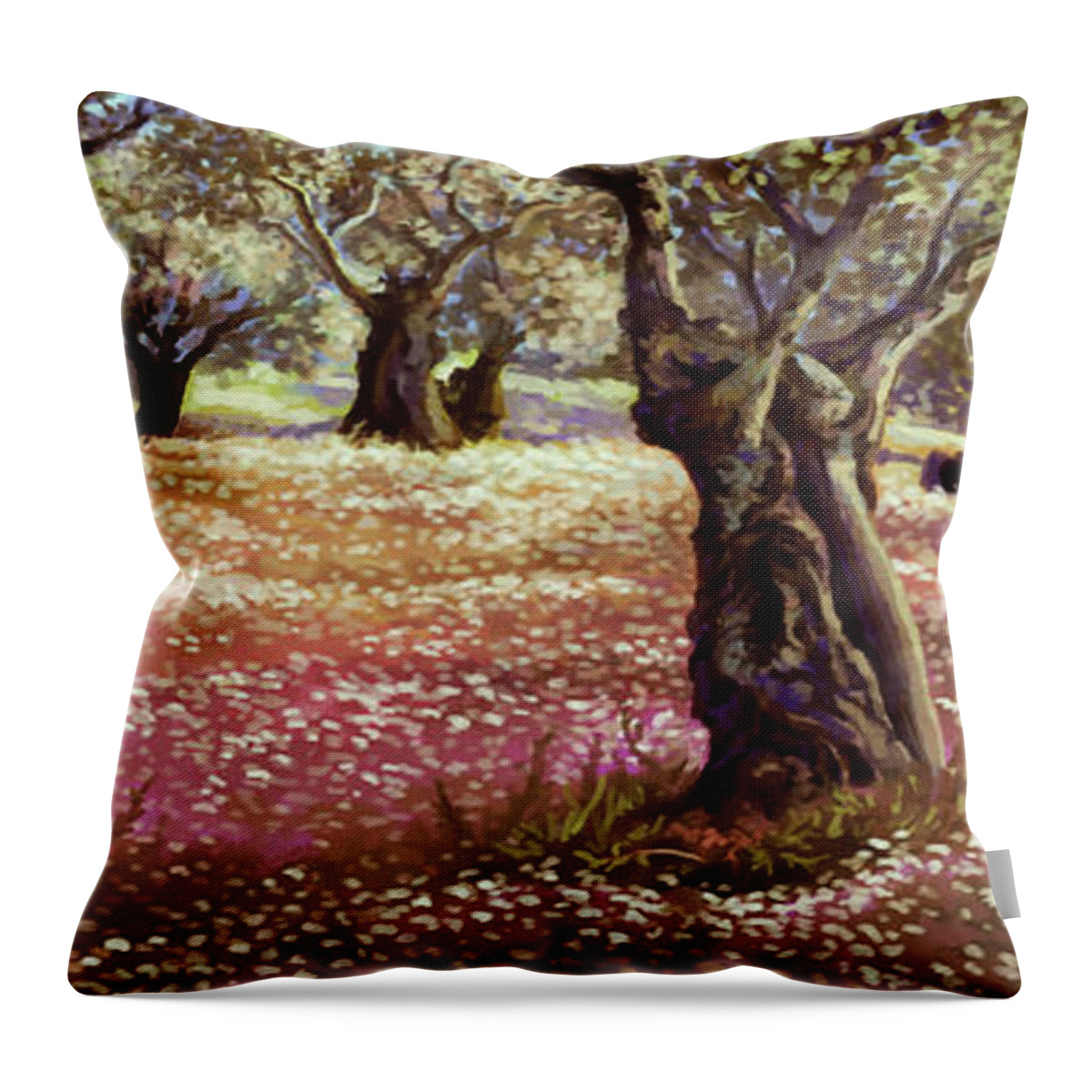 Nature Throw Pillow featuring the painting Under the Olive Grove by Hans Neuhart