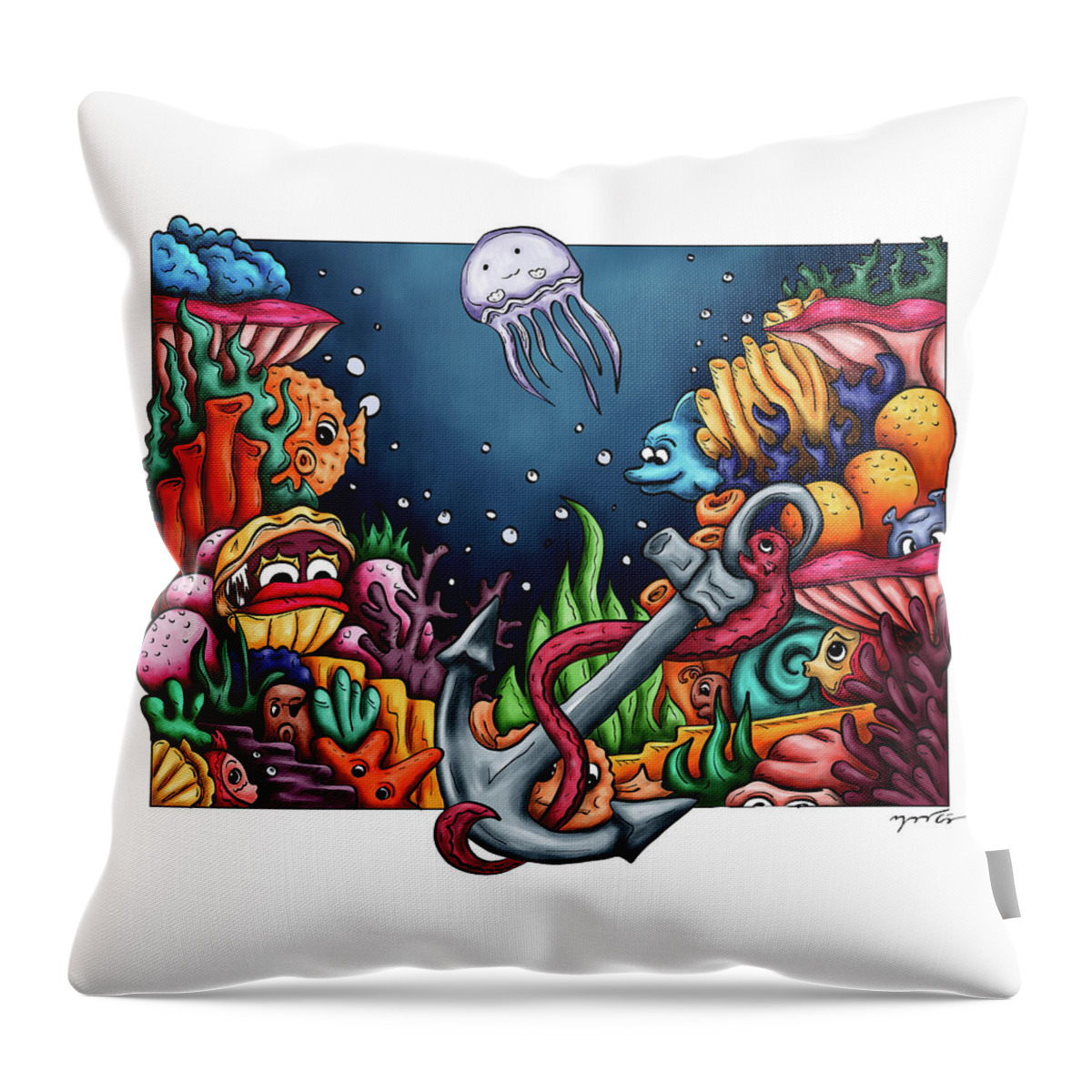 Doodle Throw Pillow featuring the painting Underwater painting for kids, Coral reef doodle by Nadia CHEVREL