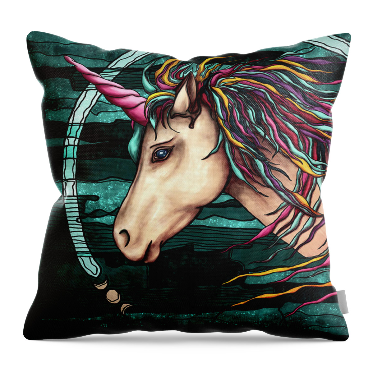 Unicorn Throw Pillow featuring the painting Boho unicorn with moon phases, rainbow unicorn by Nadia CHEVREL