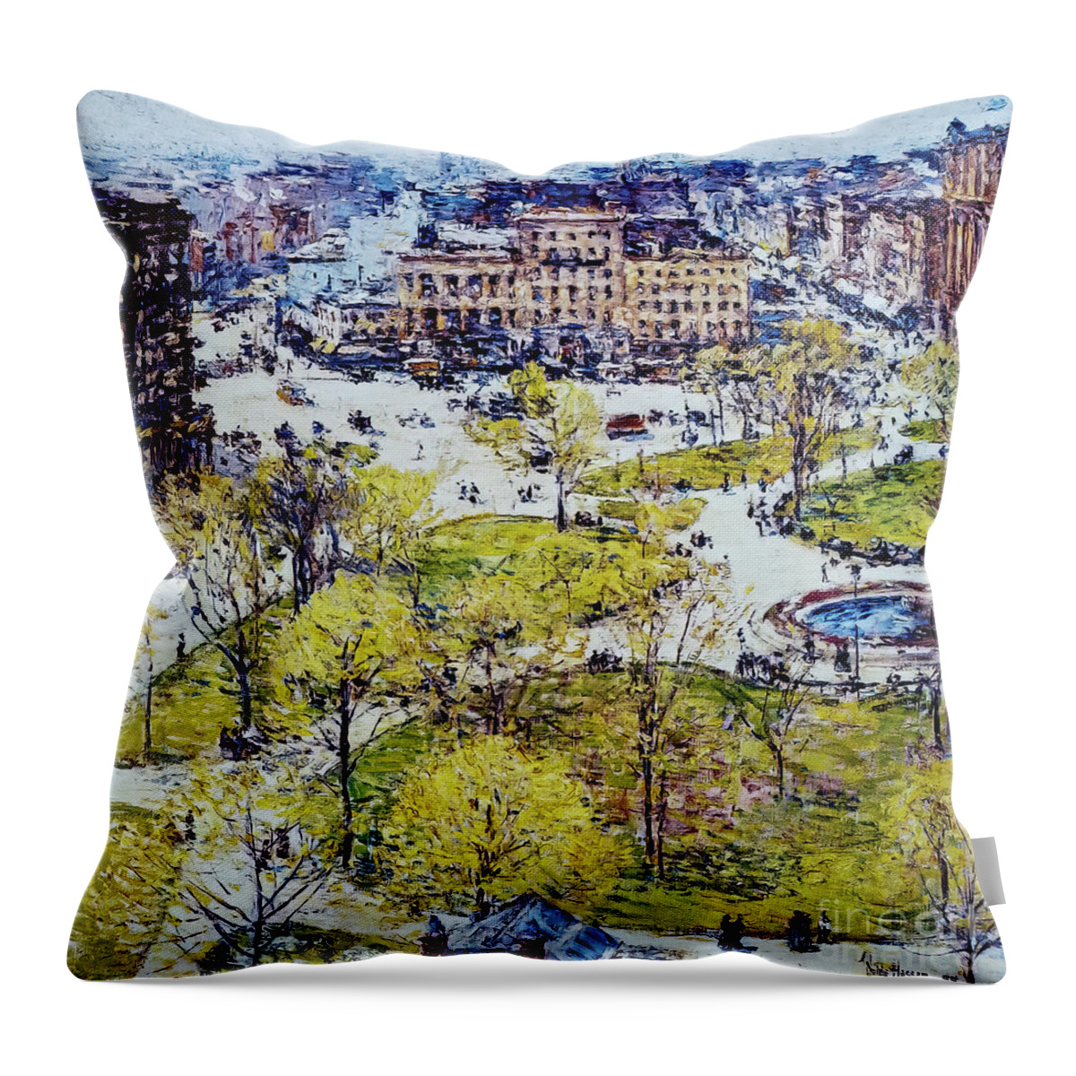 Union Throw Pillow featuring the painting Union Square in Spring by Childe Hassam 1896 by Childe Hassam