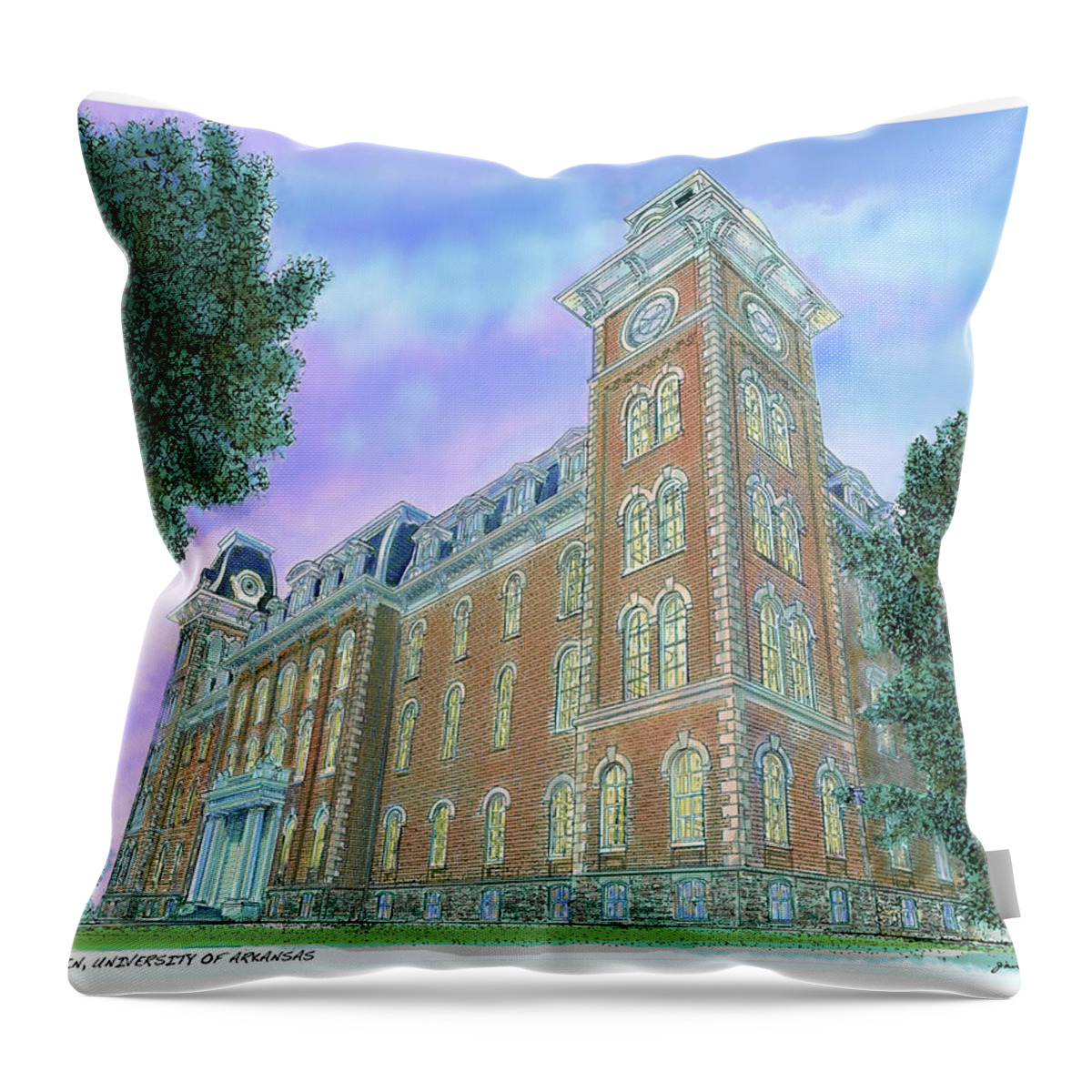 University Of Arkansas Throw Pillow featuring the drawing University of Arkansas - Old Main by James Beath
