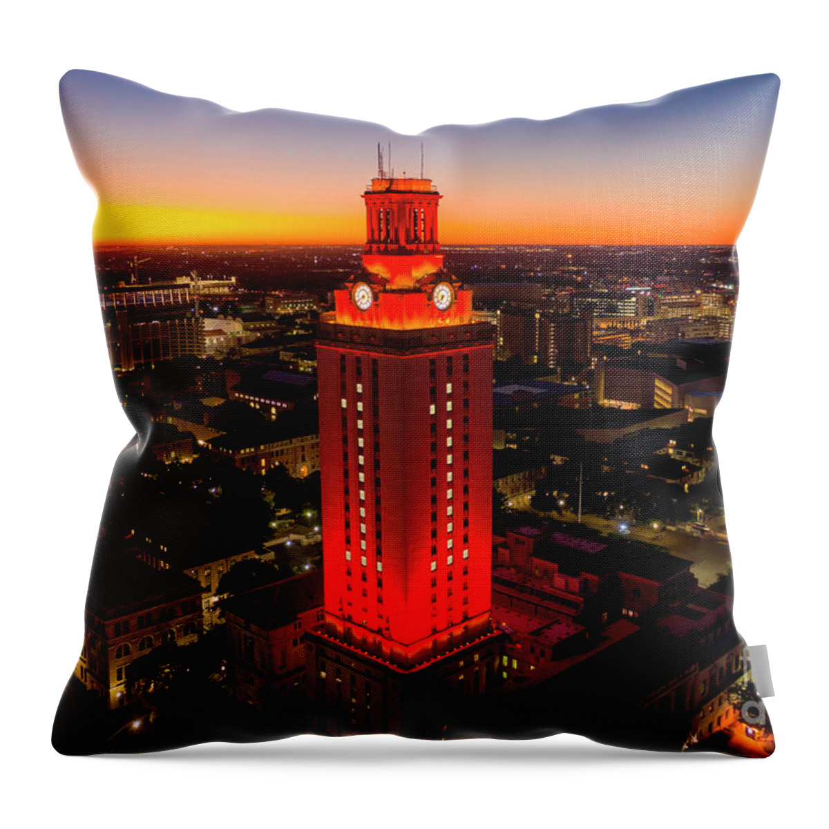 Texas Texas Throw Pillow featuring the photograph University of Texas Tower lit with Number 1 bright Orange Tower by Dan Herron