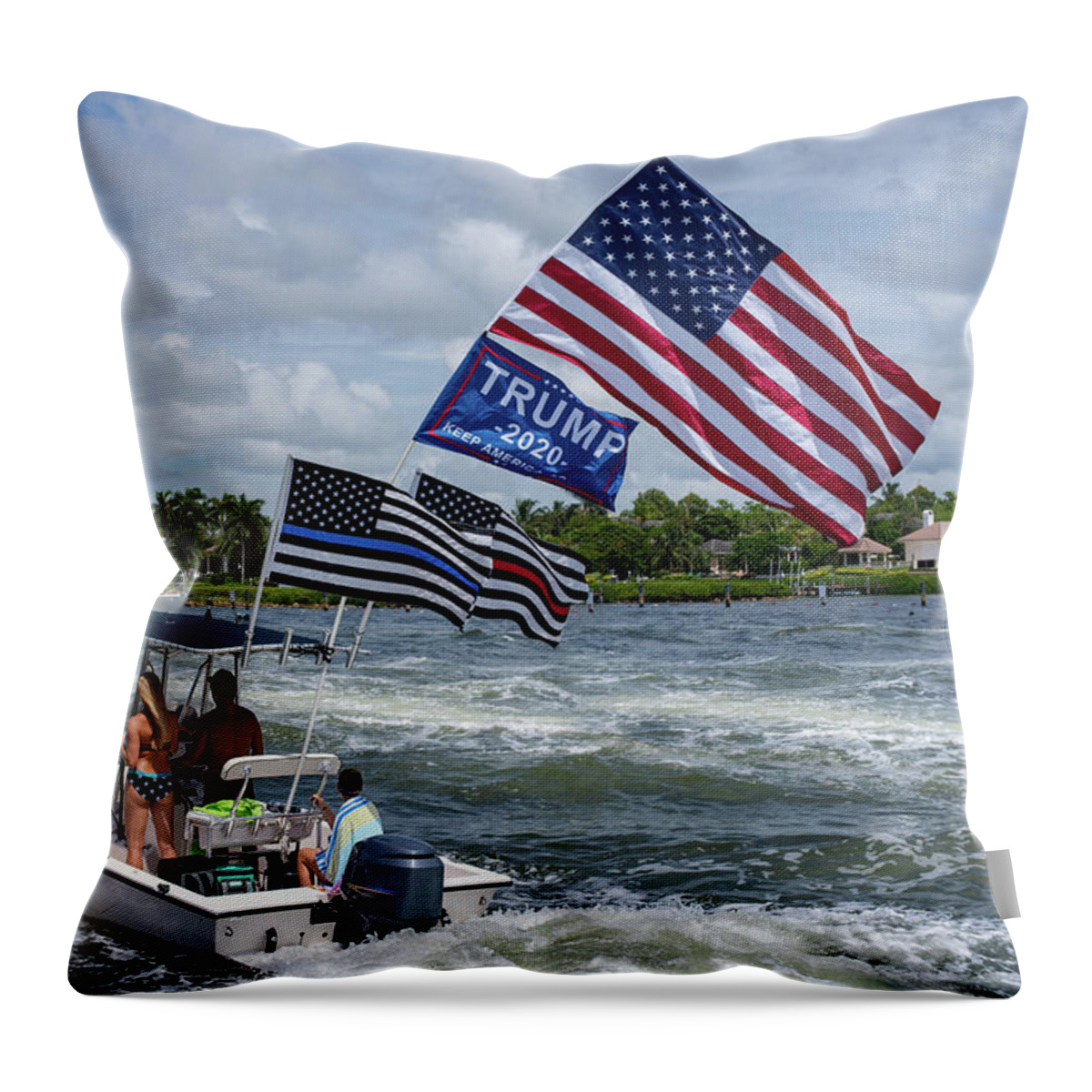 Us Flag Throw Pillow featuring the photograph US Flag Trump Flag Thin Blue Line Flag Boating by Laura Fasulo