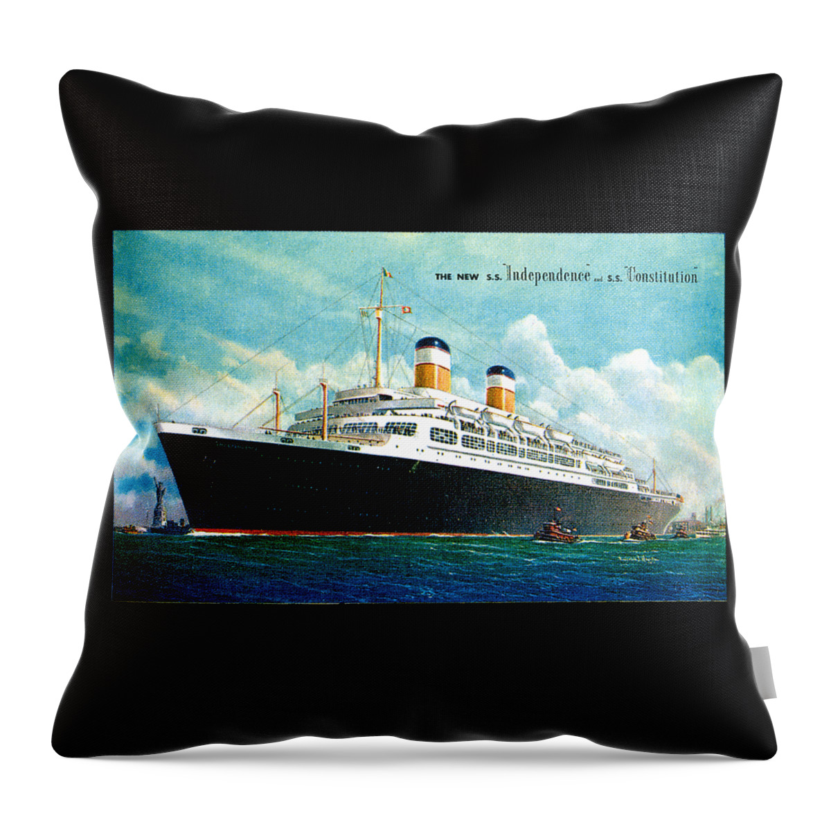 Uss Throw Pillow featuring the painting USS Independence SS Constitution Postard 1951 by Unknown