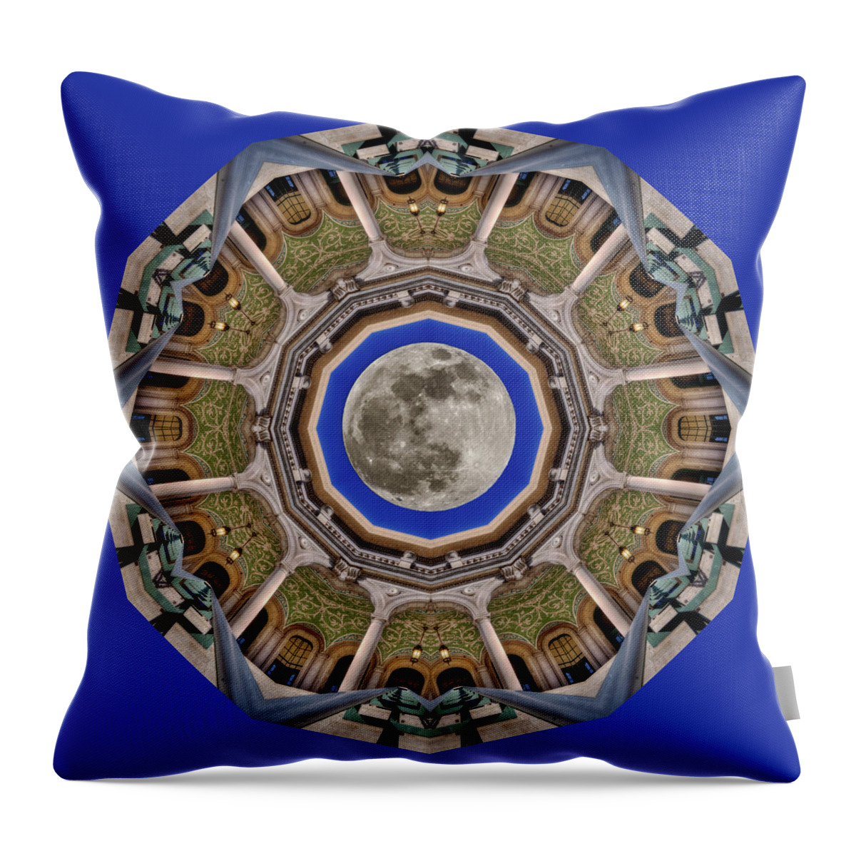Uw Madison Throw Pillow featuring the photograph UW Madison Union Mandala Kaleidoscope view with full moon by Peter Herman