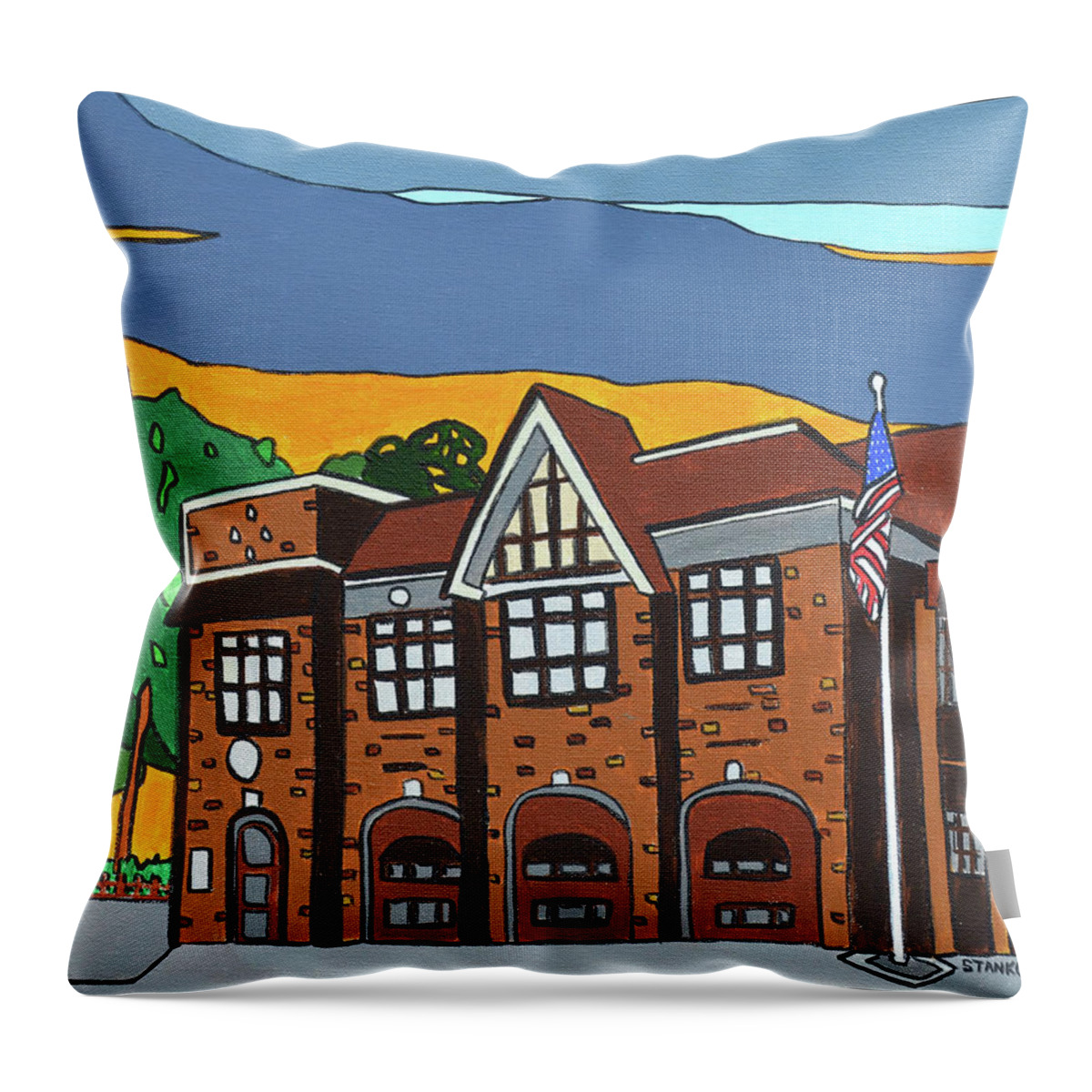 Valley Stream Fire Department Rockaway Ave. Throw Pillow featuring the painting Valley Stream Fire House by Mike Stanko