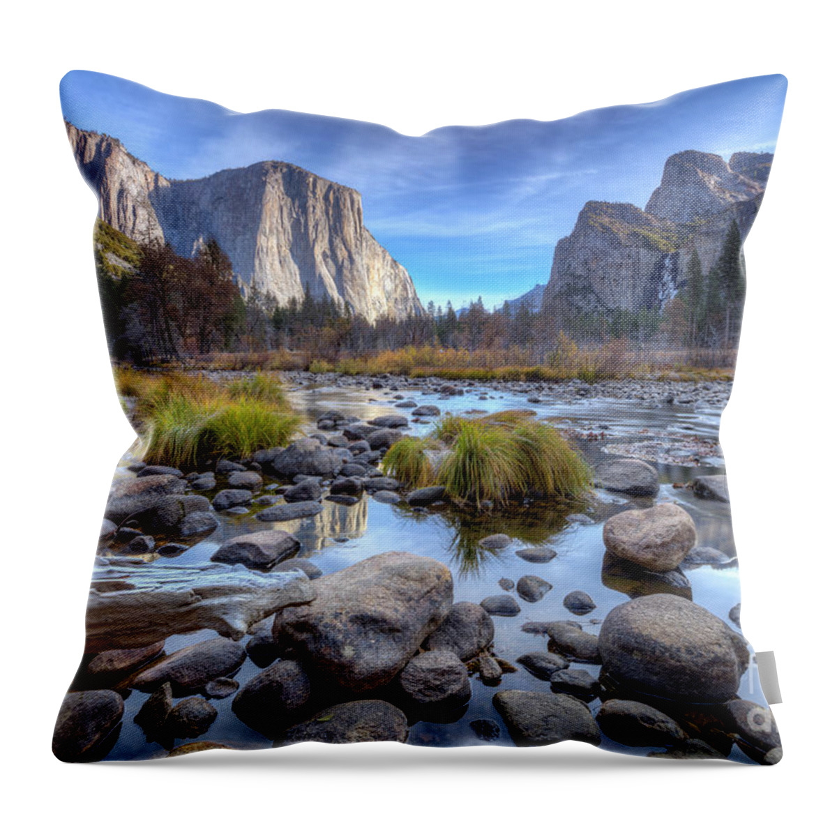 Valley View Yosemite National Park Reflections Of El Capitan In The Merced River Throw Pillow featuring the photograph Valley View Yosemite National Park Reflections of El Capitan in the Merced River by Dustin K Ryan