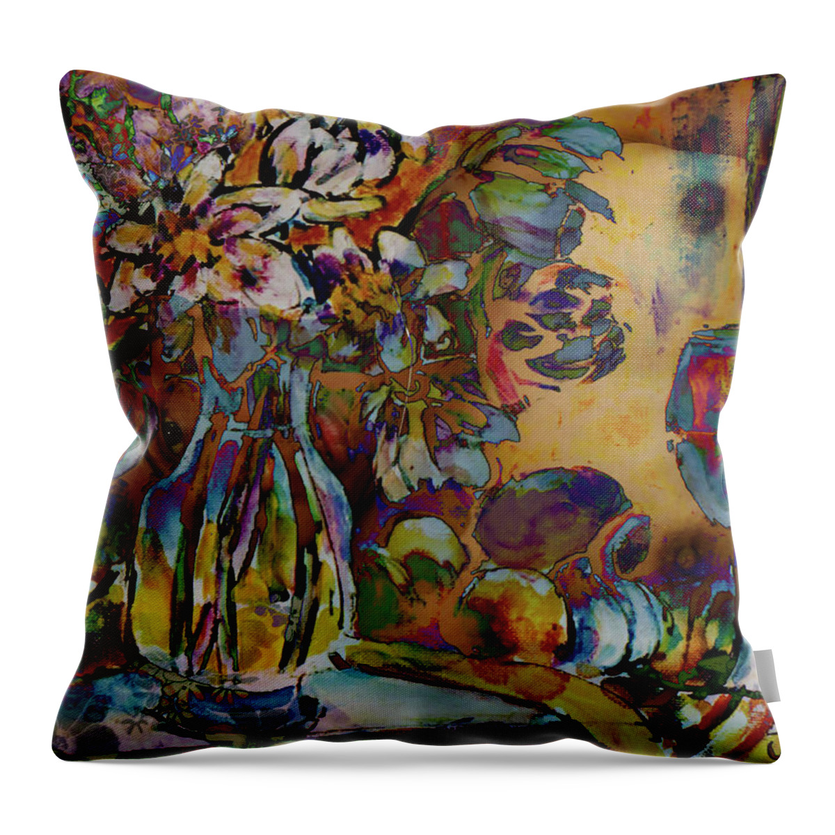 Flowers Throw Pillow featuring the digital art Vase of flowers and glass of wine with lips, eye and nipples by Jeremy Holton