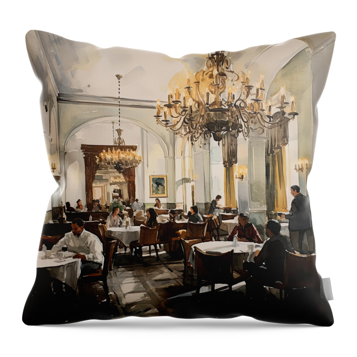 Venetian Dining Room Throw Pillow featuring the painting Venetian Dining Room - A Taste of History and Luxury in Hot Springs by Lourry Legarde