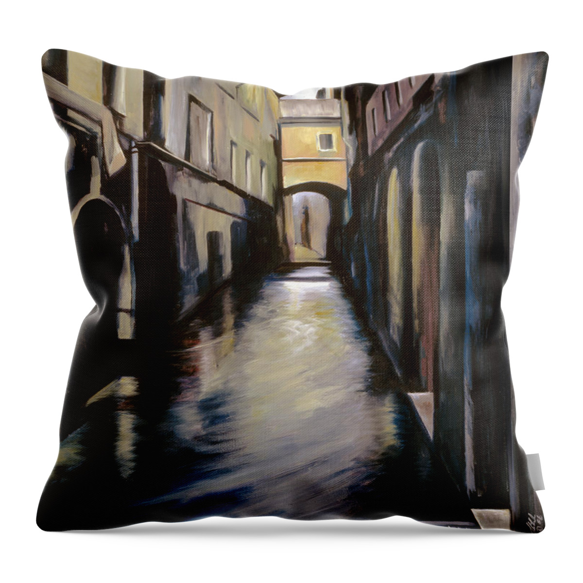 Street; Canal; Venice ; Desert; Abandoned; Dilapidated; Lost; Highway; Route 66; Road; Vacancy; Run-down; Building; Old Signage; Nostalgia; Vintage; James Christopher Hill; Jameshillgallery.com; Foliage; Sky; Realism; Oils; Venice Throw Pillow featuring the painting Venice by James Hill