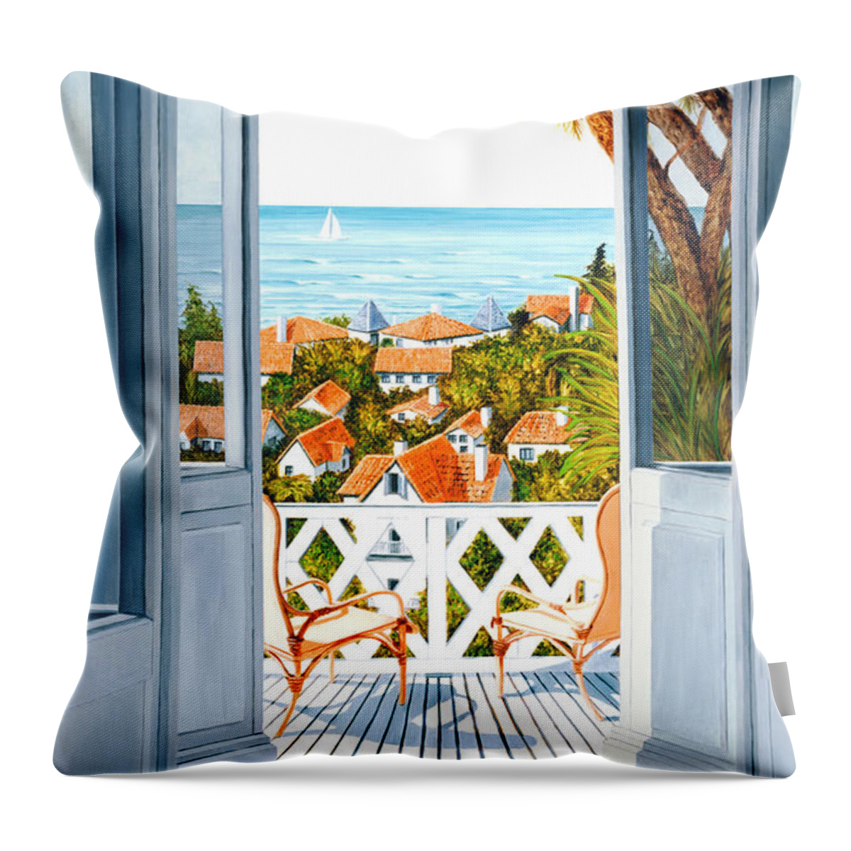 Rivera Throw Pillow featuring the painting VERANDA VIEW print -taller-view by Mary Grden