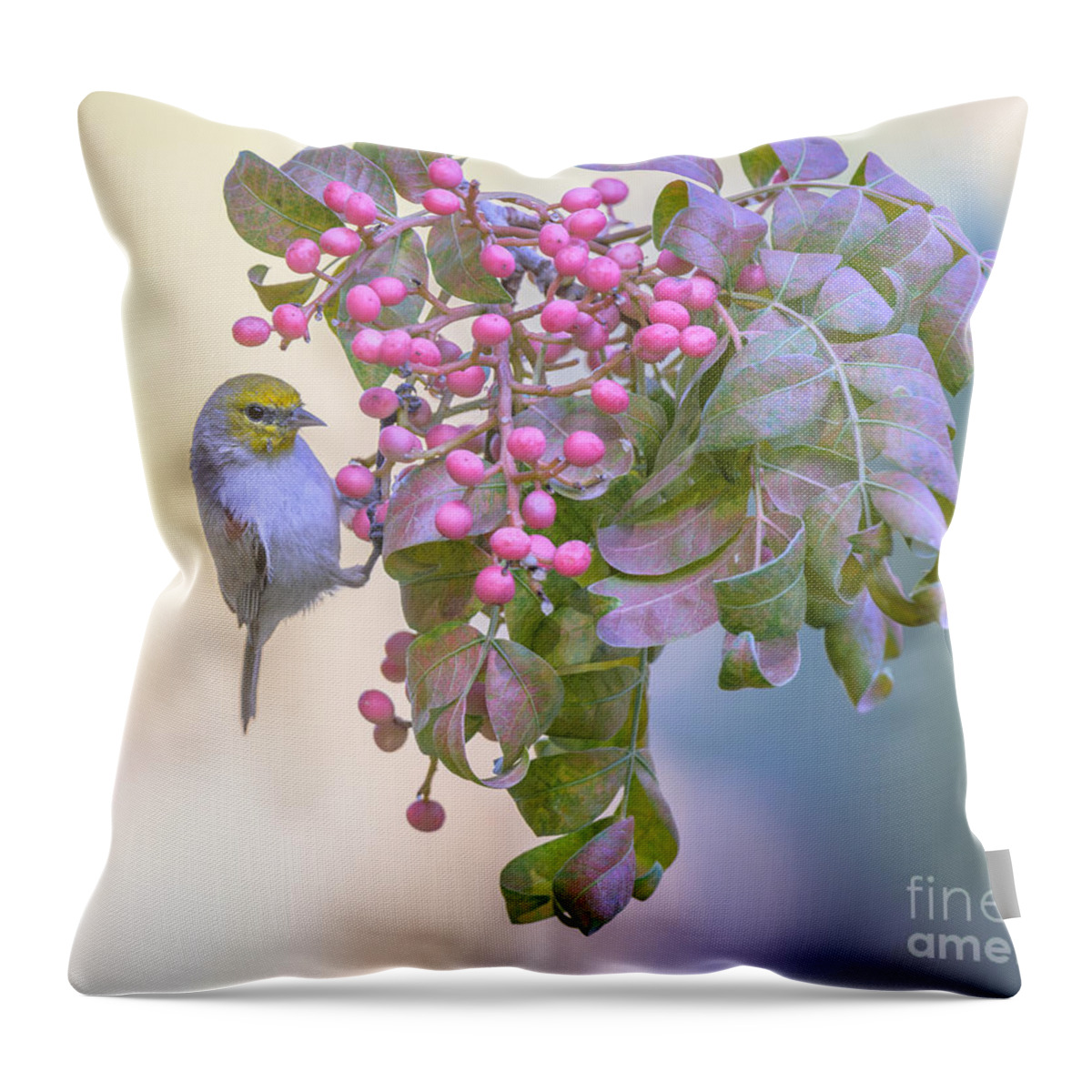 Verdin Throw Pillow featuring the photograph Verdin in Berries by Lisa Manifold