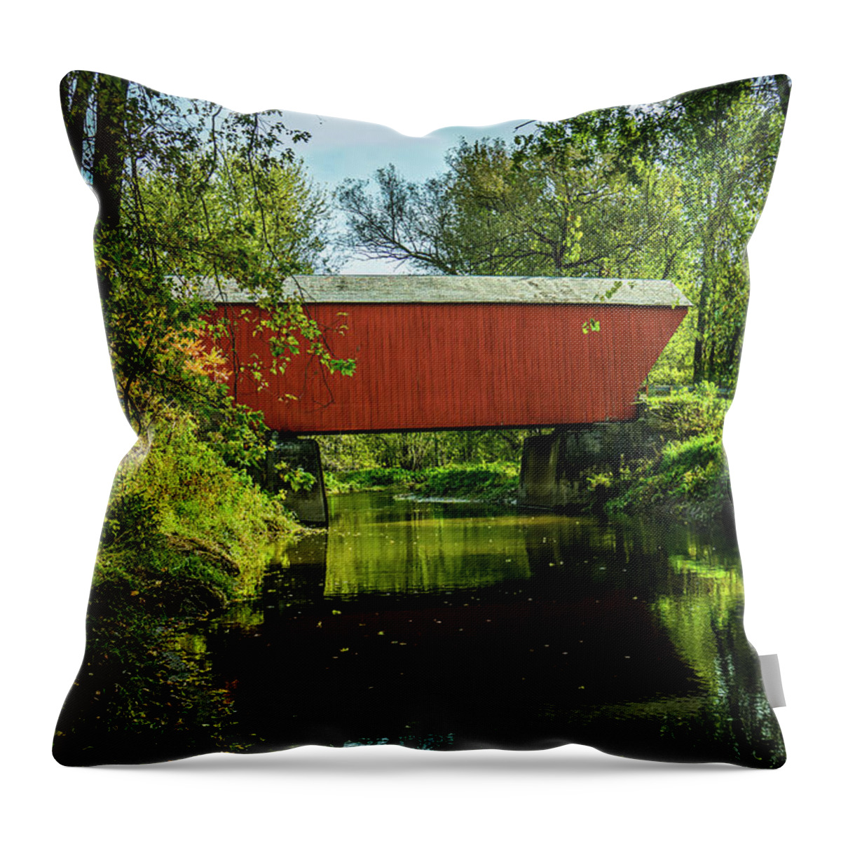 Bridge Throw Pillow featuring the photograph Vermont Autumn at Cooley Covered Bridge by Ron Long Ltd Photography