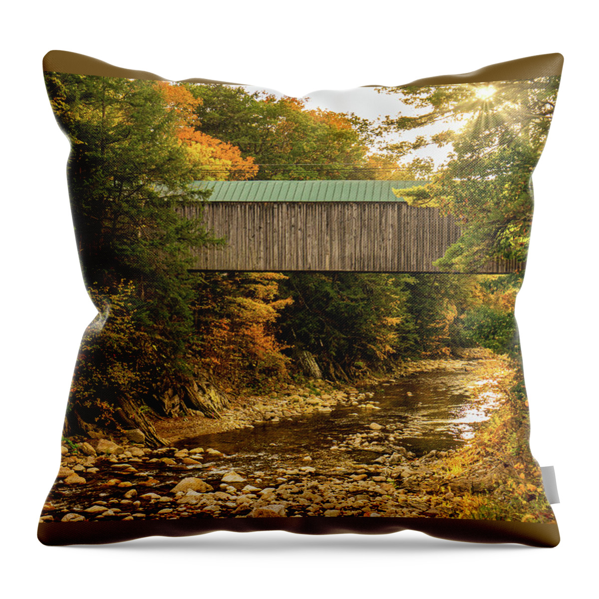 Bridge Throw Pillow featuring the photograph Vermont Autumn at Kingsley Covered Bridge by Ron Long Ltd Photography