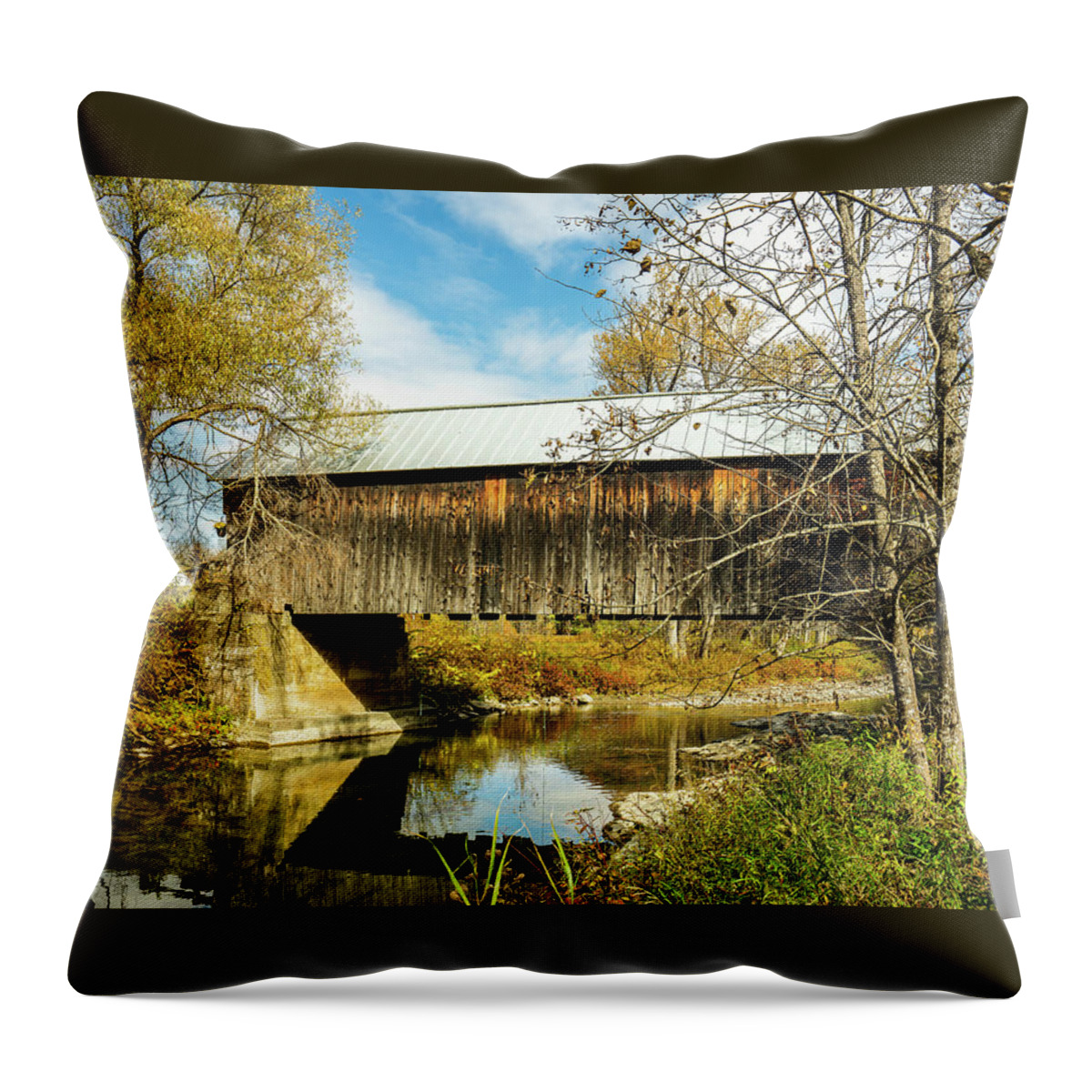 Bridge Throw Pillow featuring the photograph Vermont Autumn at Larkin Covered Bridge 3 by Ron Long Ltd Photography