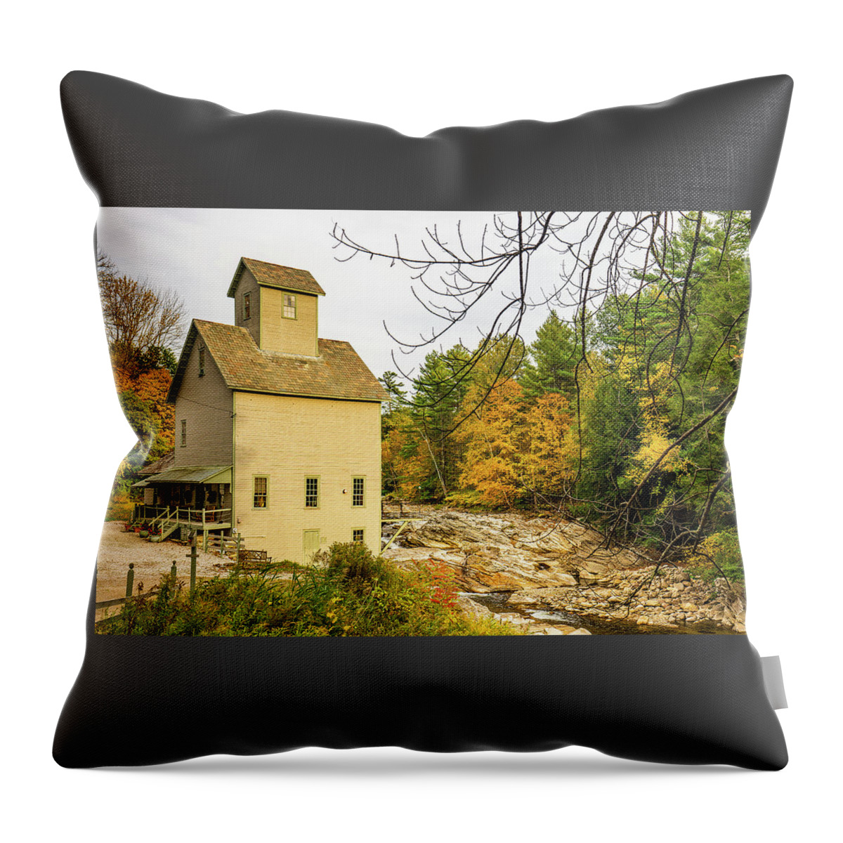 Old Mill Throw Pillow featuring the photograph Vermont Autumn at the Kingsley Grist Mill by Ron Long Ltd Photography
