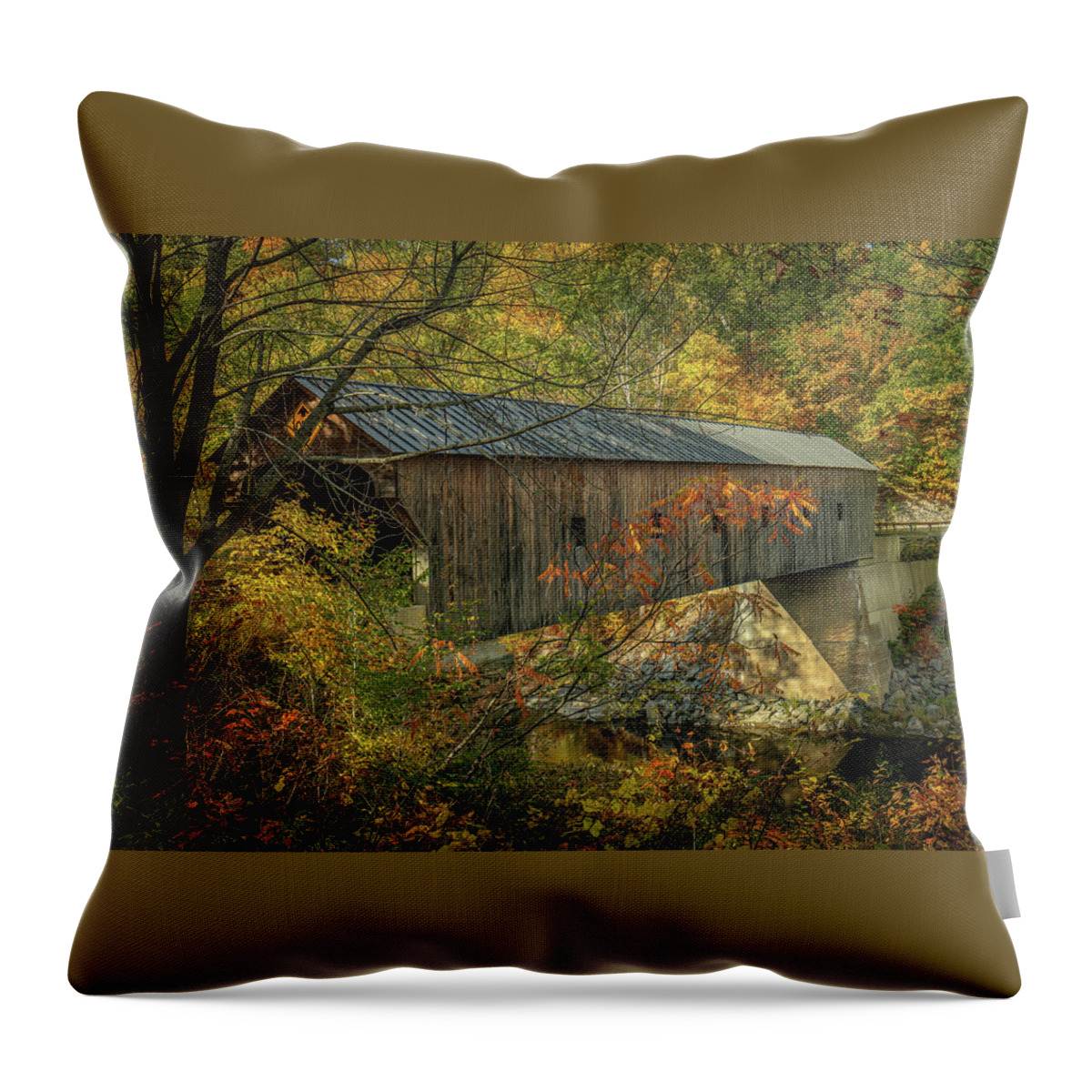 Bridge Throw Pillow featuring the photograph Vermont Autumn at Upper Falls Covered Bridge 1 by Ron Long Ltd Photography