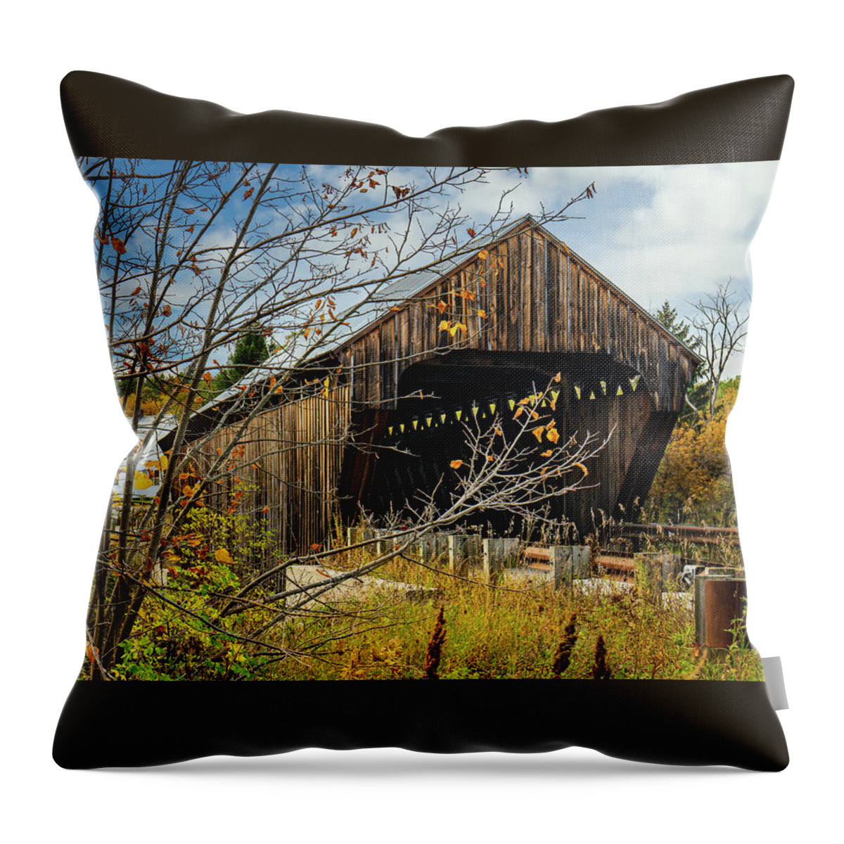 Bridge Throw Pillow featuring the photograph Vermont Autumn at Willard Twin Covered Bridges by Ron Long Ltd Photography