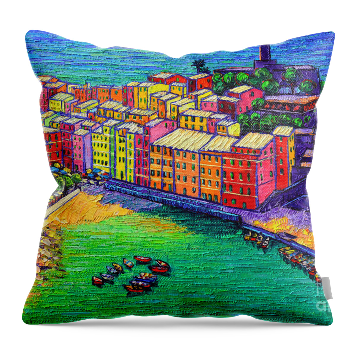 Vernazza Throw Pillow featuring the painting Vernazza Cinque Terre Italy Painting Detail by Ana Maria Edulescu
